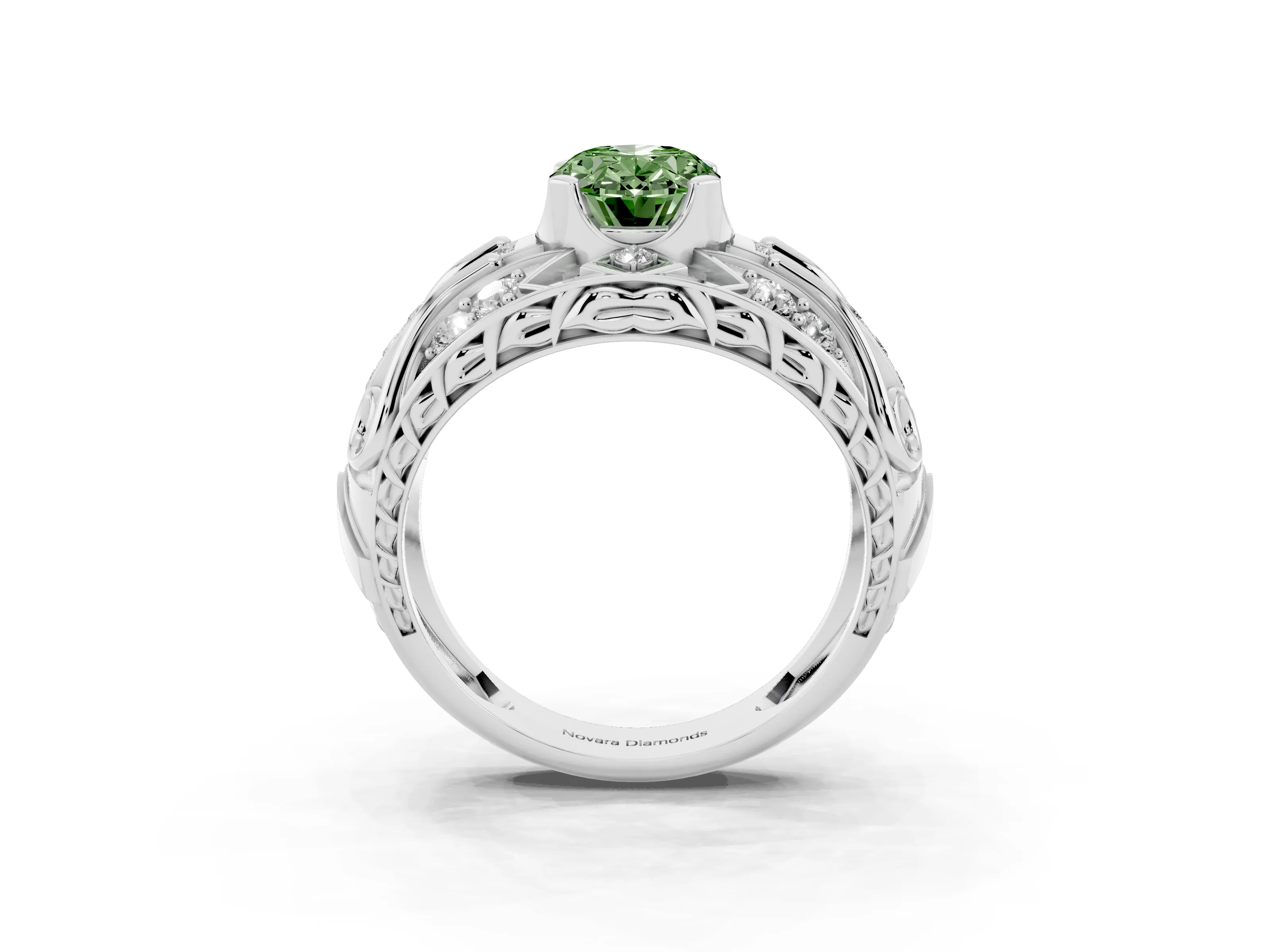 Fancy Green Oval Cut Diamond Art Deco Ring Set in Platinum with Pavé Split Shank