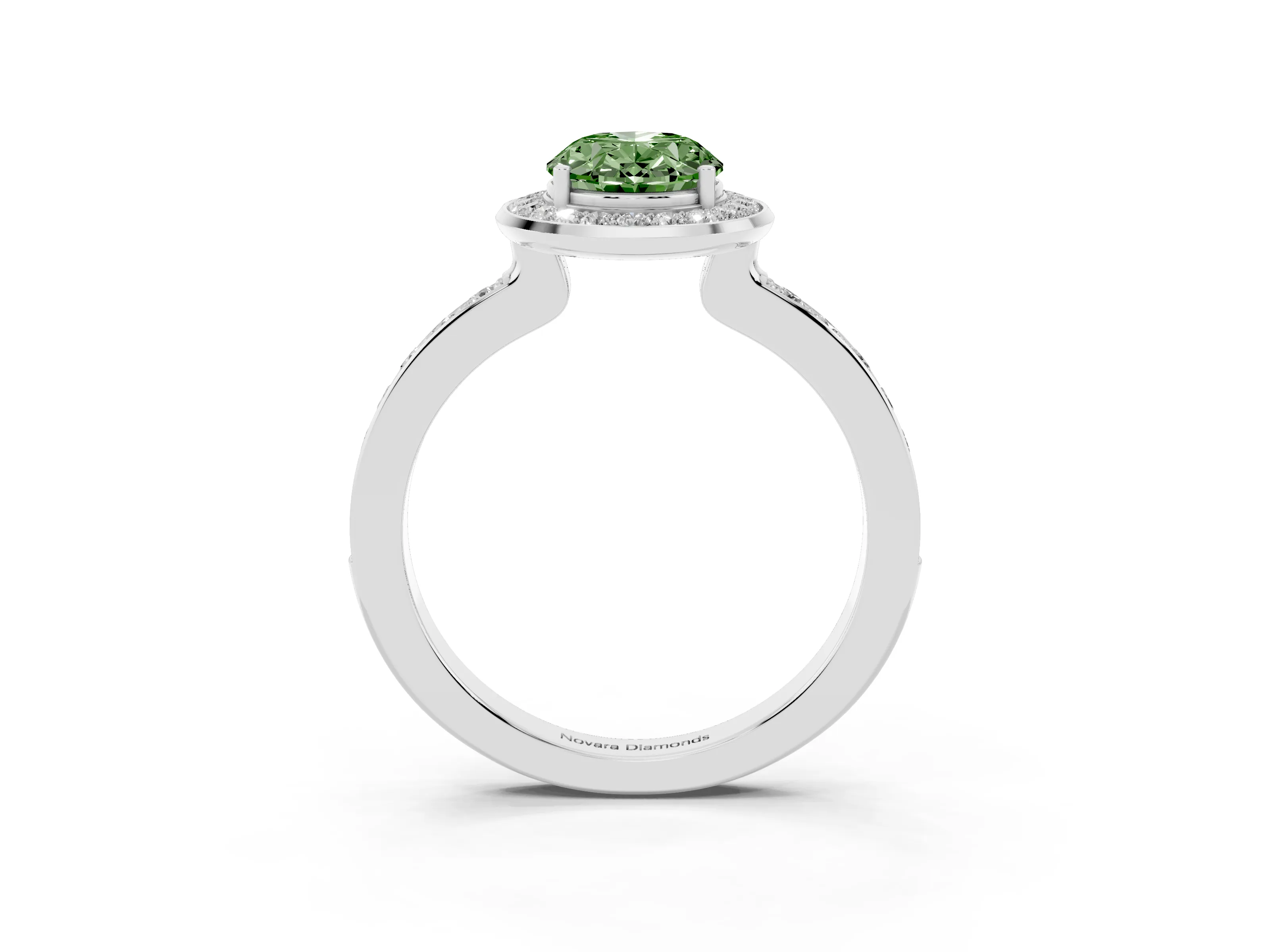 Fancy Green Oval Cut Diamond Halo Ring Set in Platinum with Bezel Frame and Pavé Band
