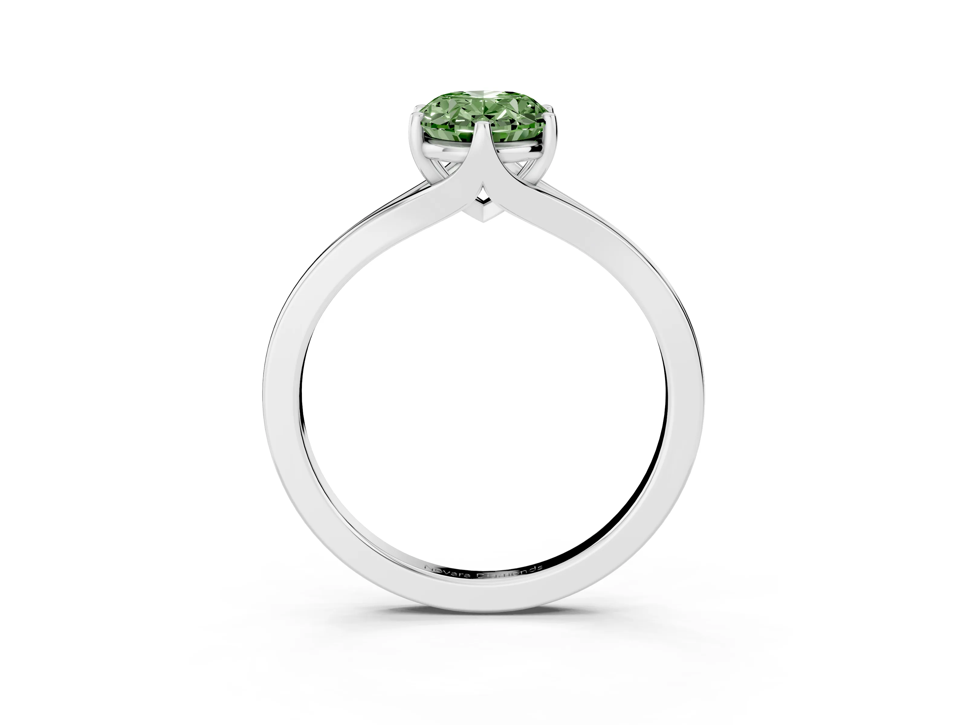 Fancy Green Oval Cut Diamond Solitaire Ring Set in Silver with Polished Tapered Band and Prong Setting