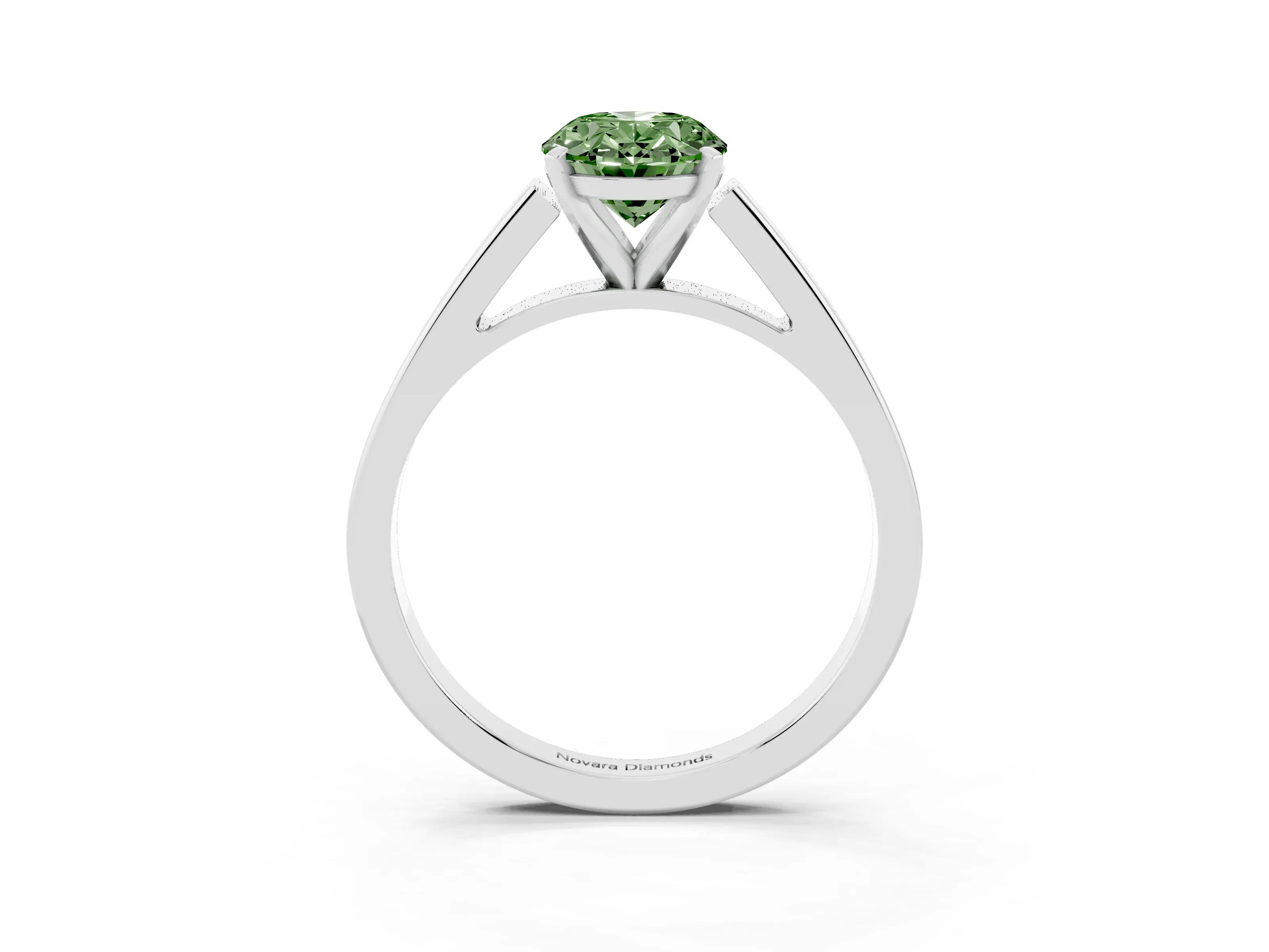 Fancy Green Oval Cut Diamond Solitaire Engagement Ring Set in White gold with Prong Setting and Tapered Band