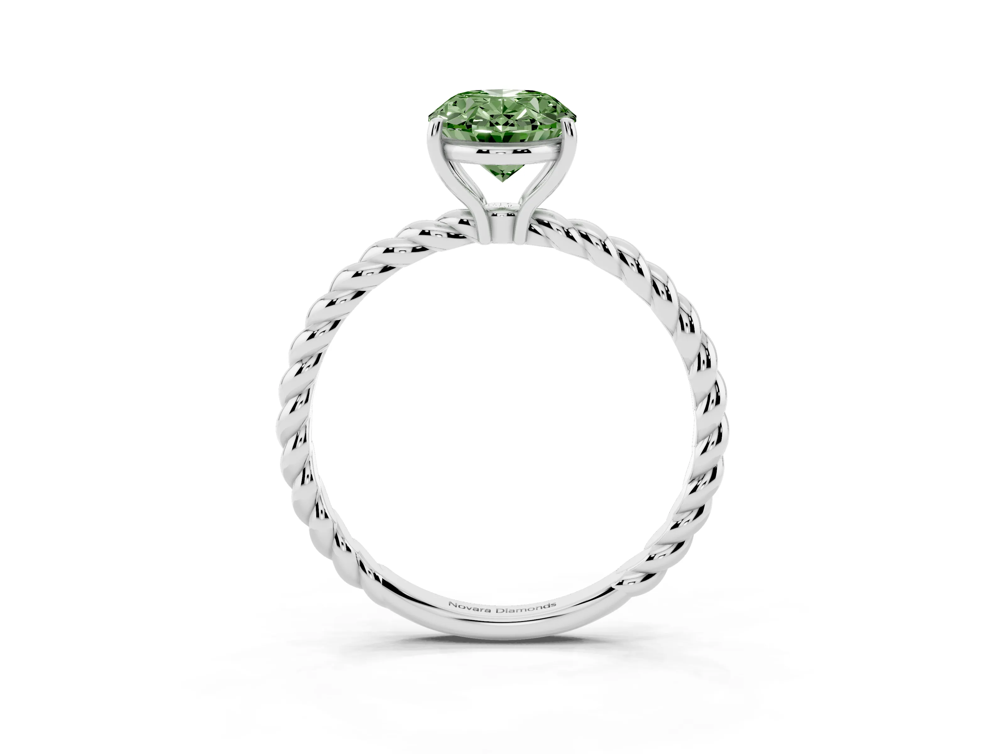 Fancy Green Oval Cut Diamond Solitaire Ring Set in White gold with Twist Band and Prong Setting
