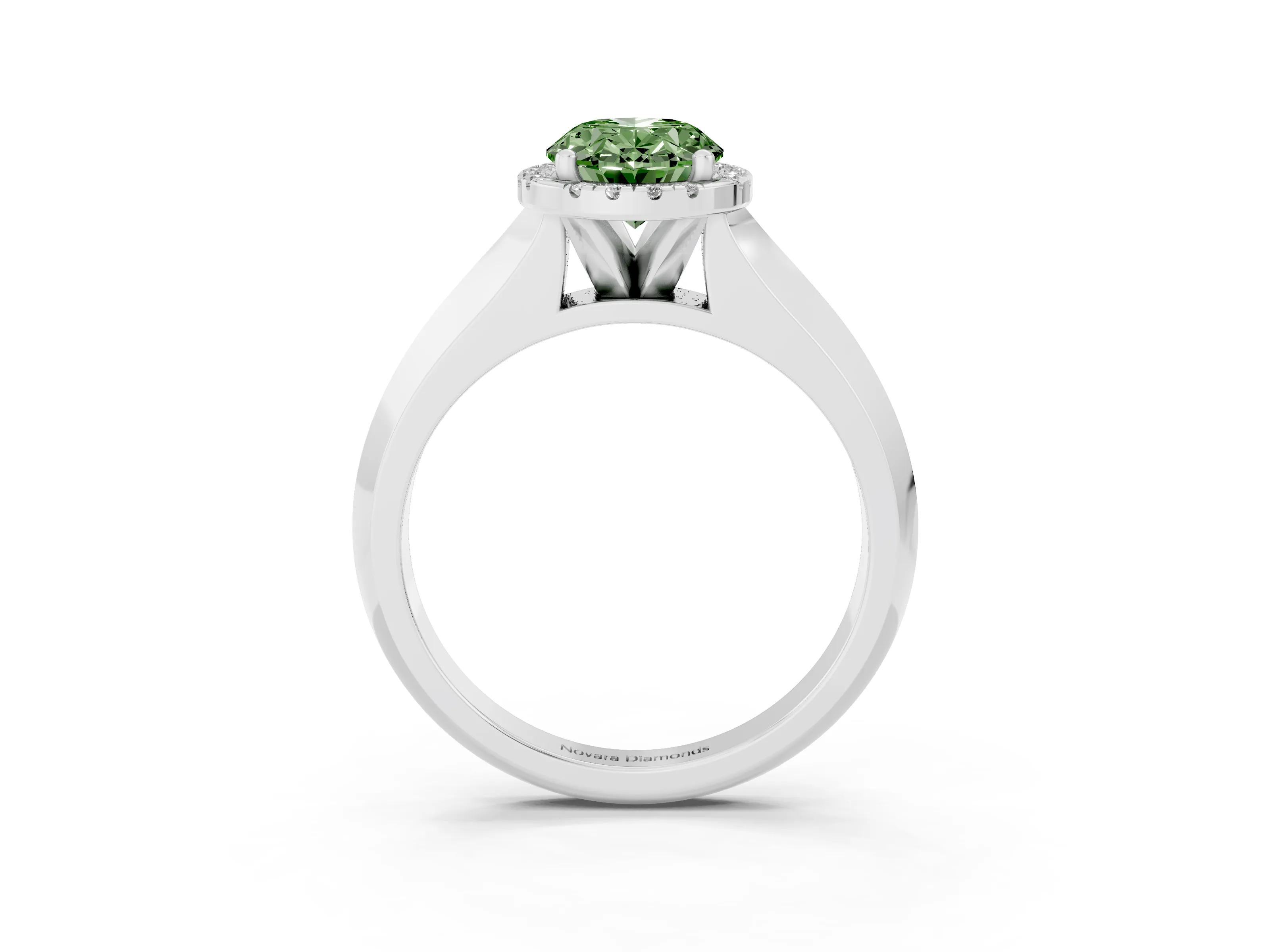 Fancy Green Oval Cut Diamond Halo Ring Set in Silver with Cathedral Band and Prong Setting