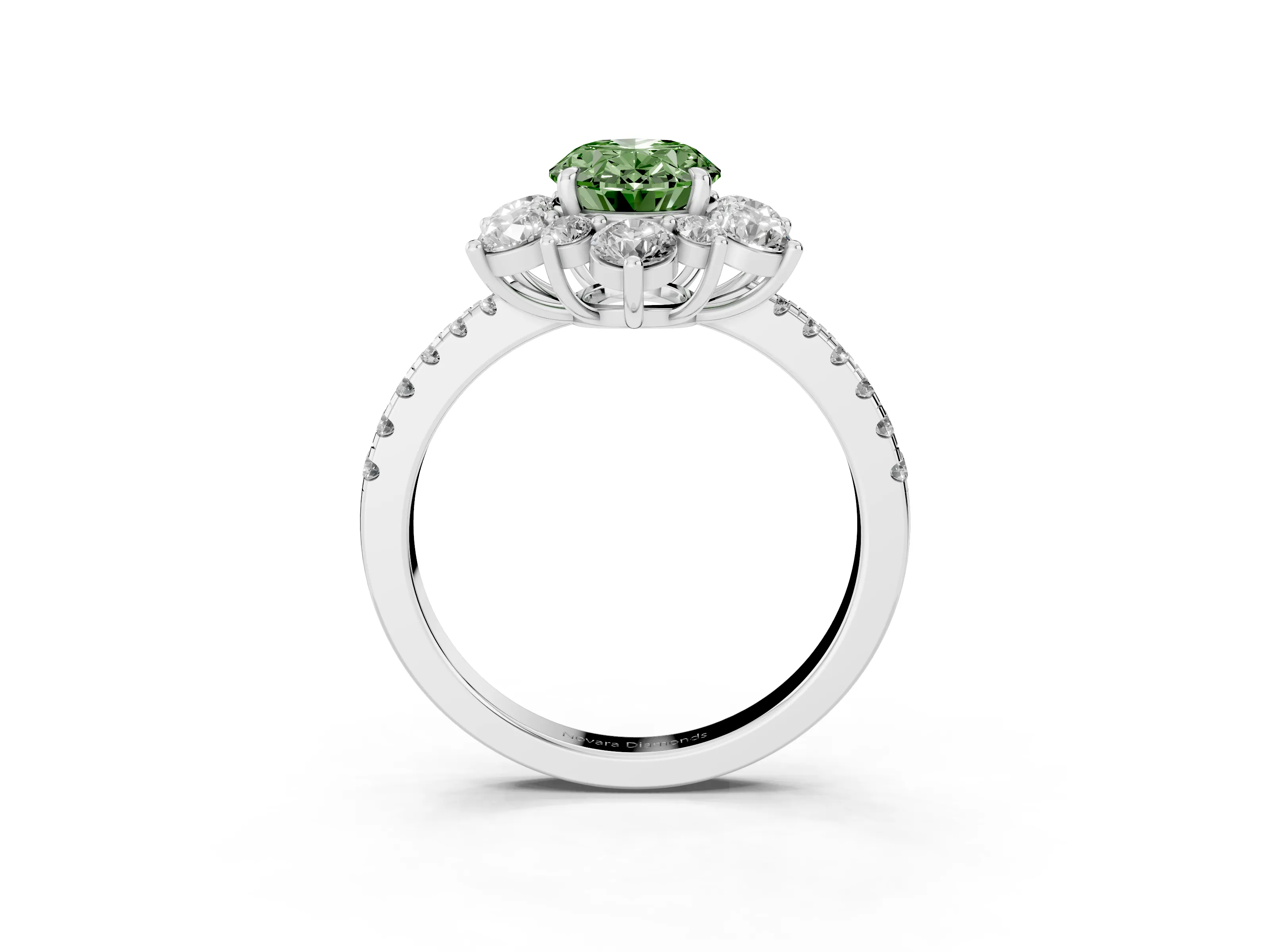 Fancy Green Oval Cut Diamond Floral Halo Ring Set in White gold with Round Pavé Band and Prong Setting