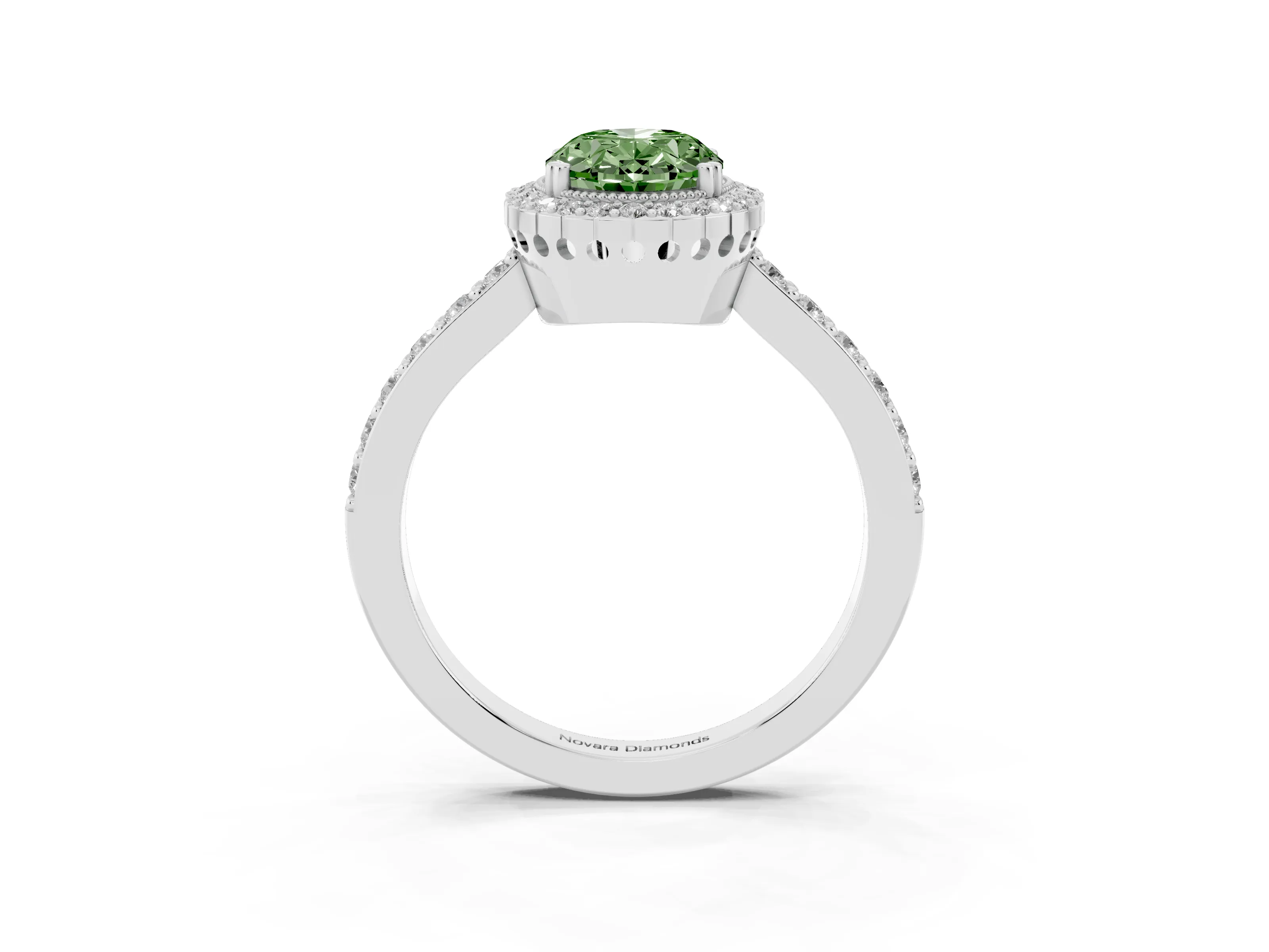 Fancy Green Oval Cut Diamond Halo Engagement Ring Set in Platinum with Milgrain Detail and Pavé Band