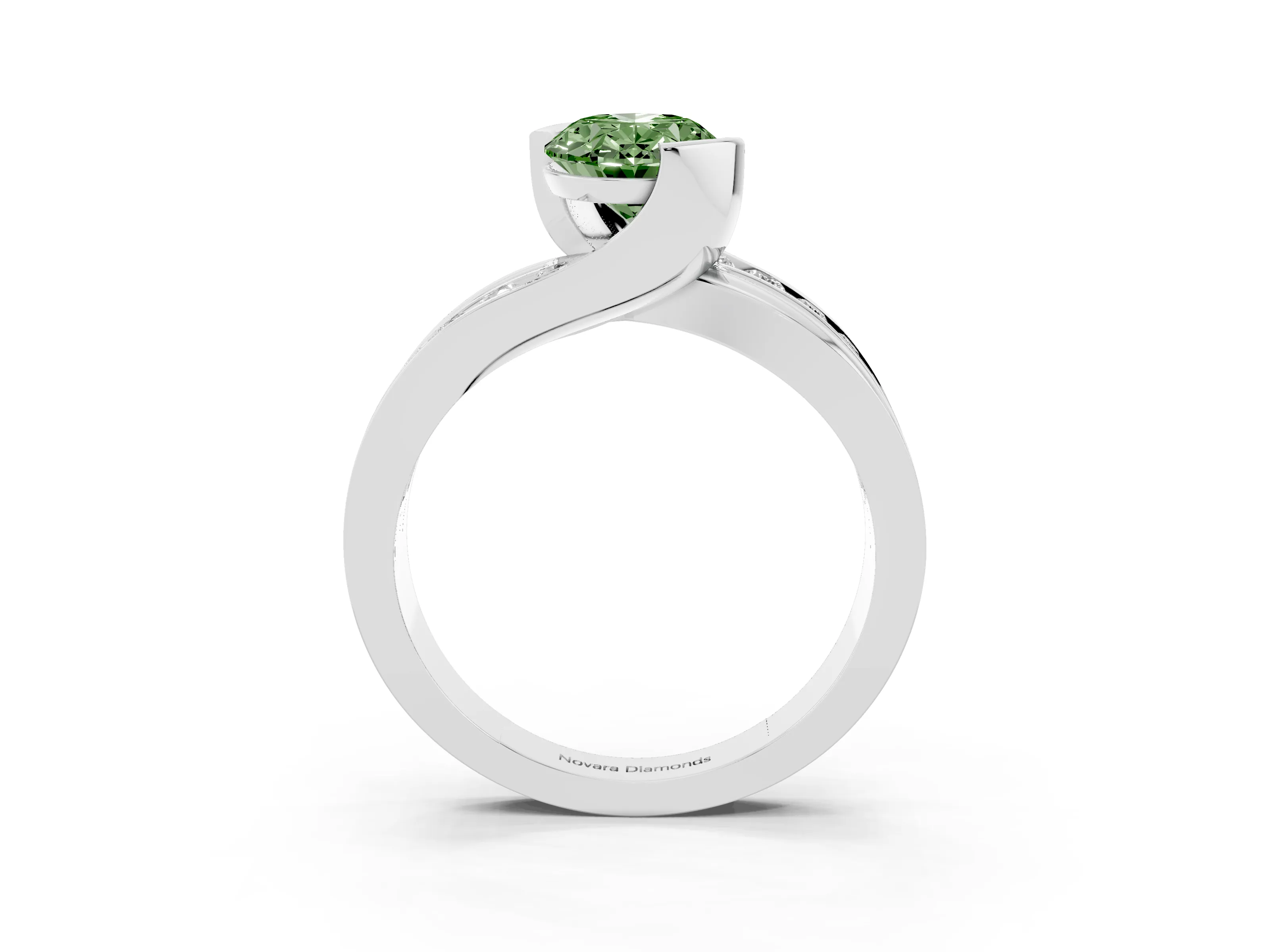 Fancy Green Oval Cut Diamond Solitaire Ring Set in Silver with Channel Set Split Shank and Tension Prongs