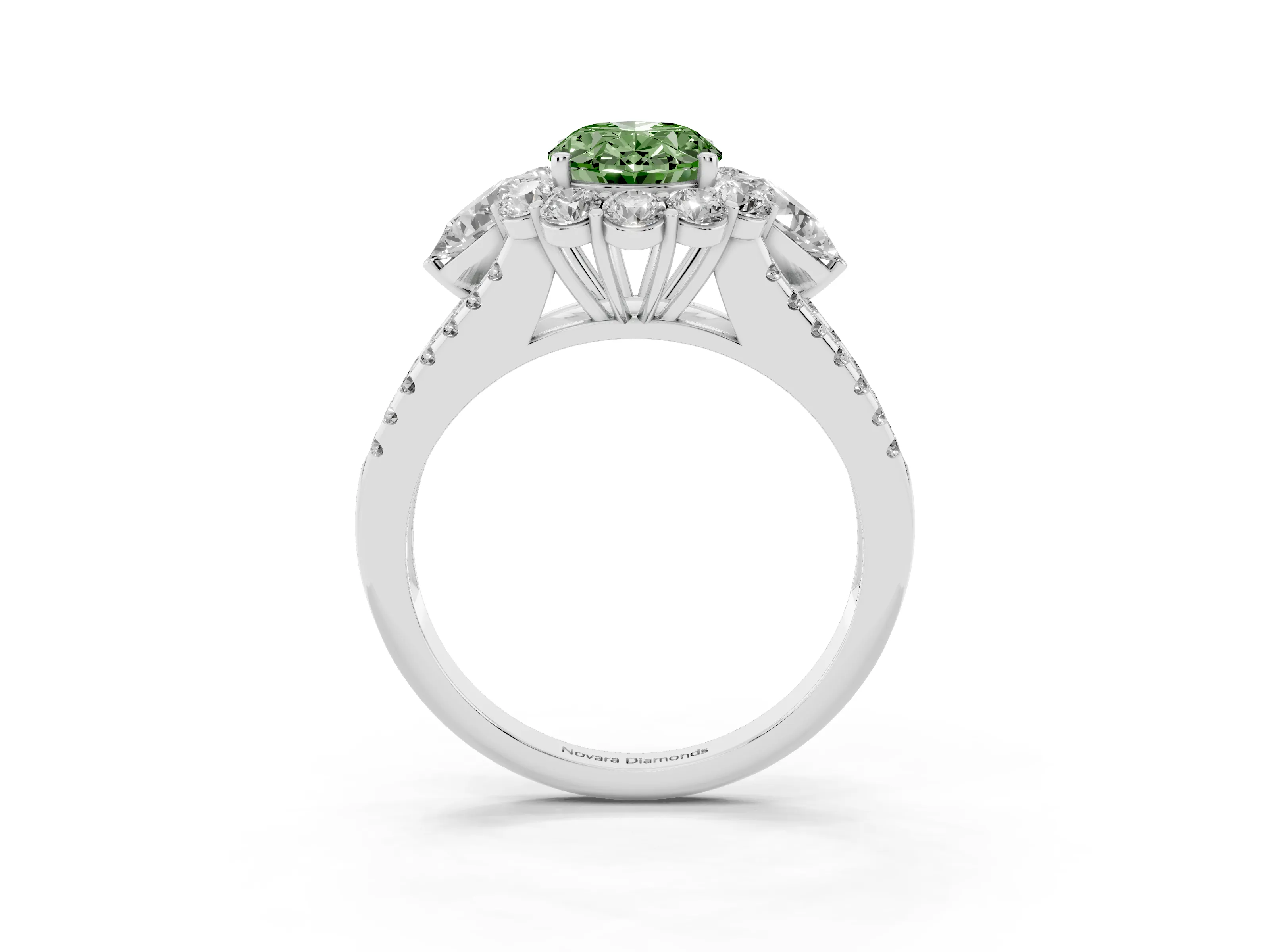 Fancy Green Oval Cut Diamond Halo Split Shank Engagement Ring Set in Platinum with Prong-Held Center Stone