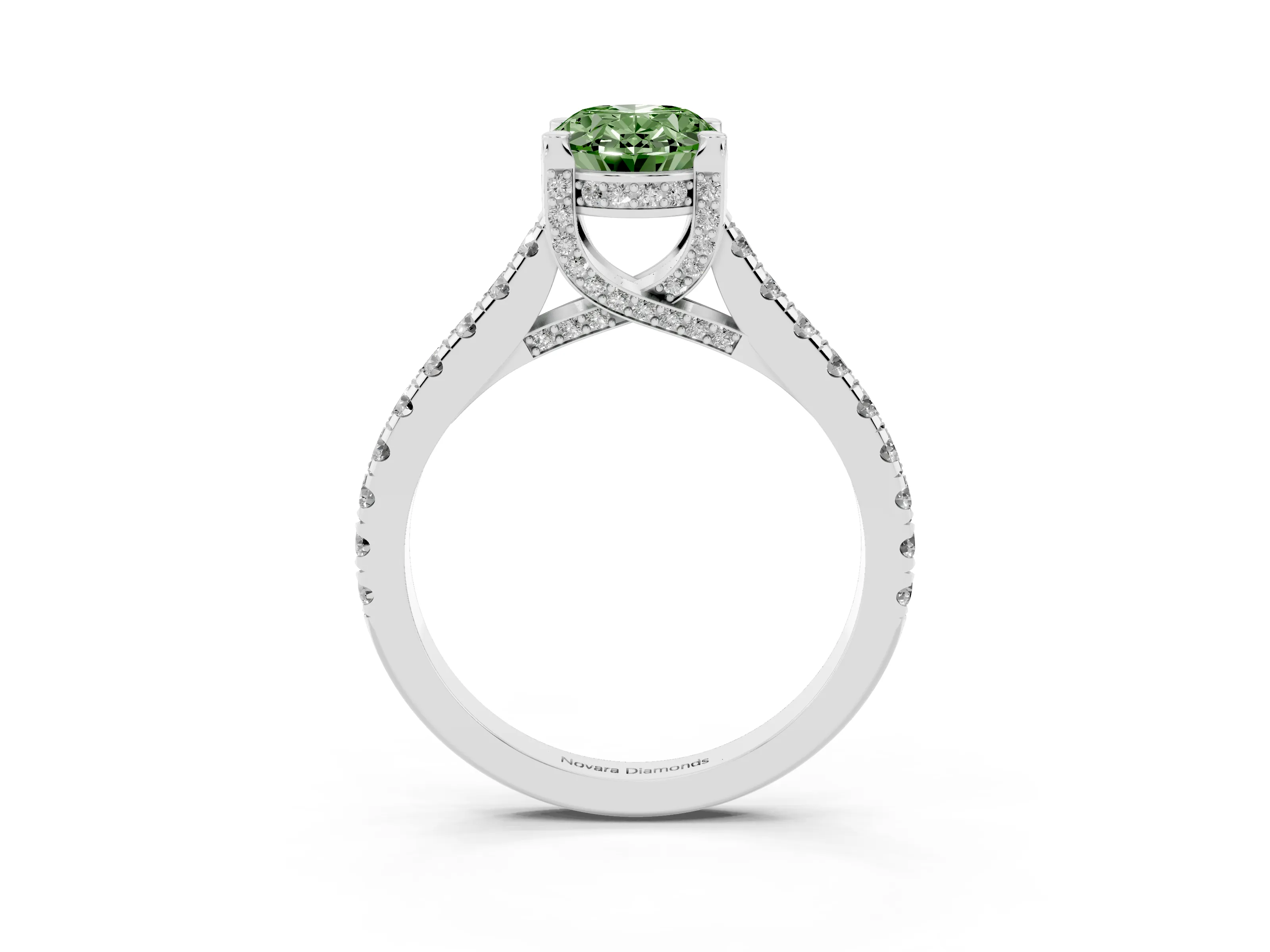 Fancy Green Oval Cut Diamond Solitaire Ring Set in Silver with Brilliant Pavé Band and Prong Setting