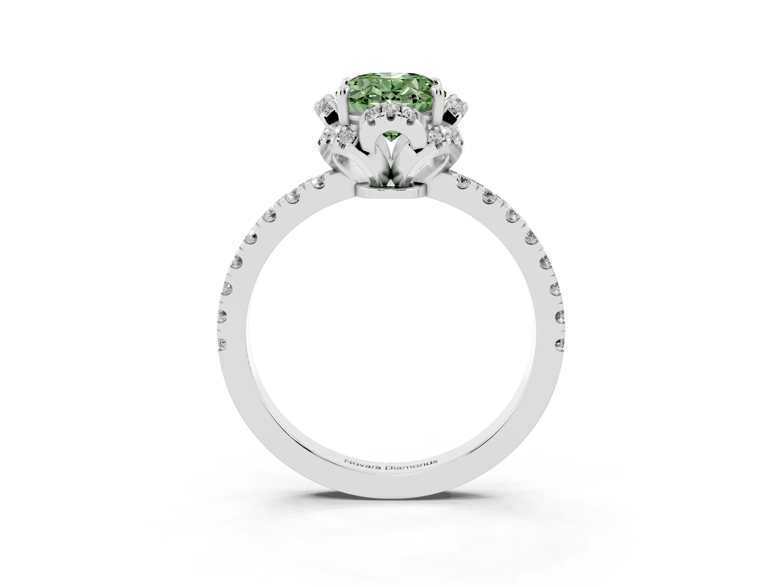 Fancy Green Oval Cut Diamond Halo Pavé Band Ring Set in White gold with Prong-Held Center