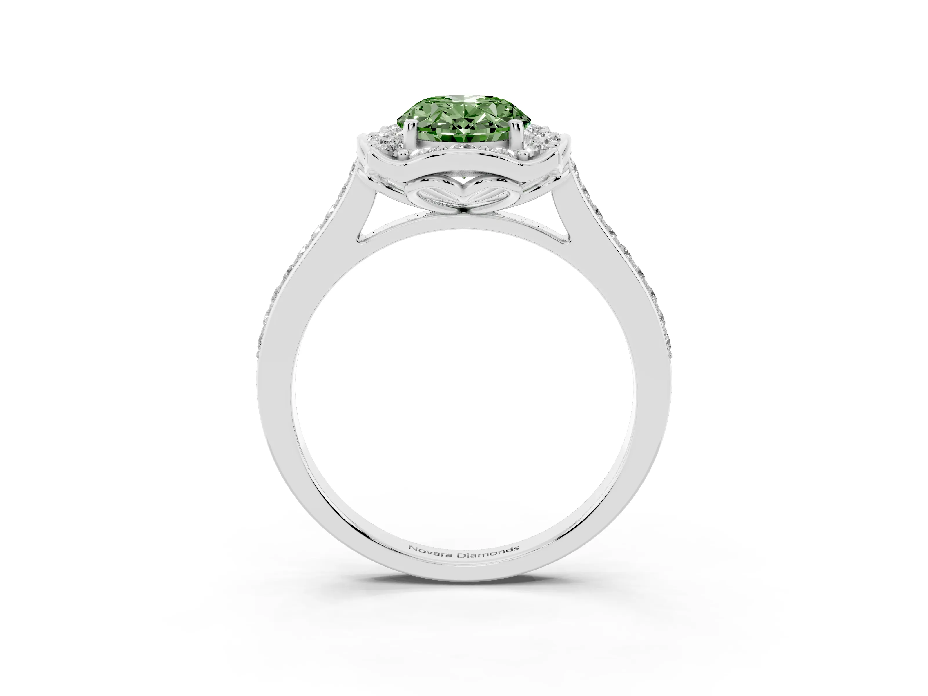 Fancy Green Oval Cut Diamond Halo Ring Set in Silver with Pavé-Lined Shoulders and Prong Setting