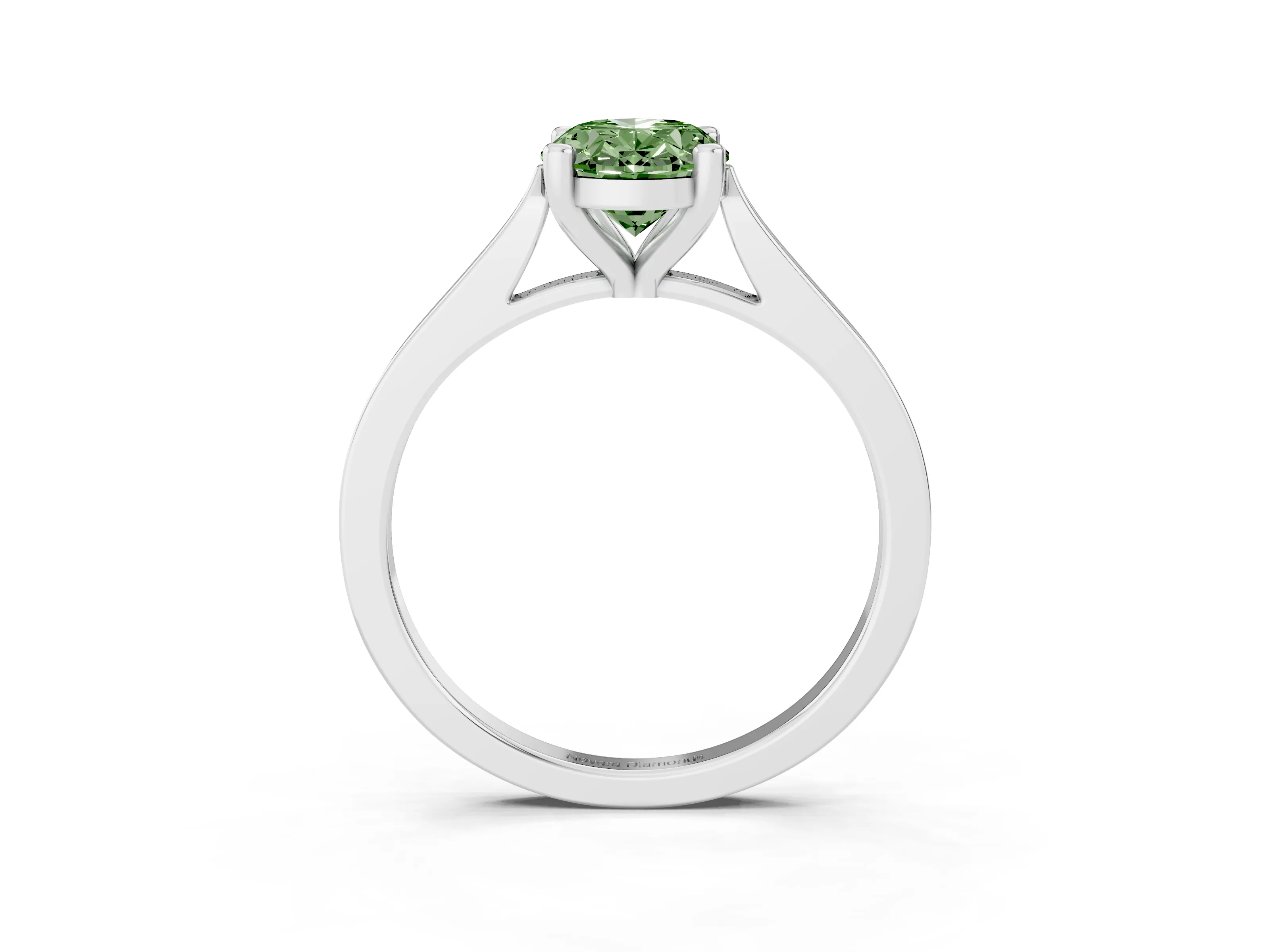 Fancy Green Oval Cut Diamond Solitaire Ring Set in Platinum with Prong Setting and Tapered Band