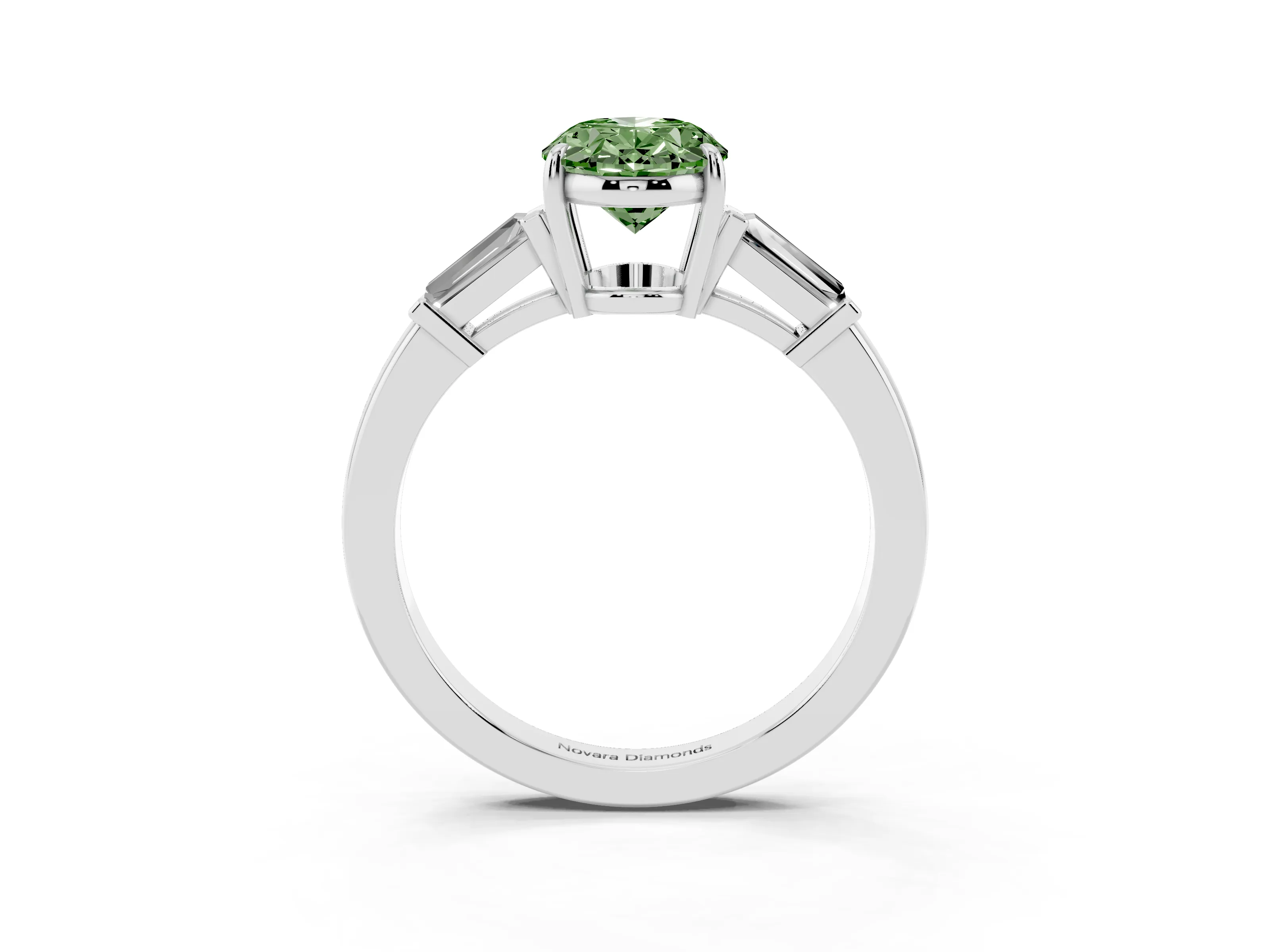 Fancy Green Oval Cut Diamond Three-Stone Ring Set in White gold with Tapered Baguette Side Stones and Prong Setting