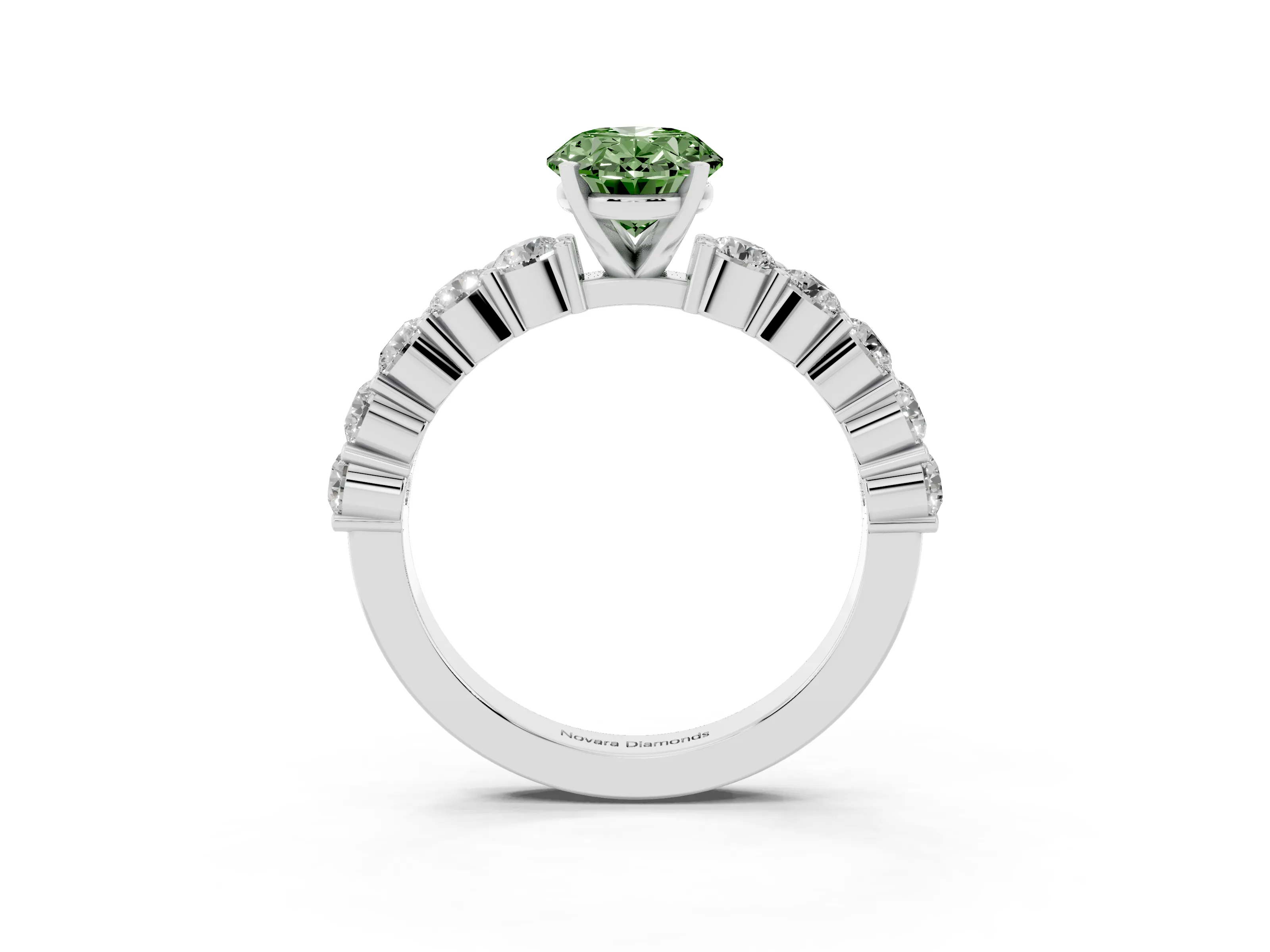 Fancy Green Oval Cut Diamond Solitaire Ring Set in Platinum with Shared Prong Round Side Stones