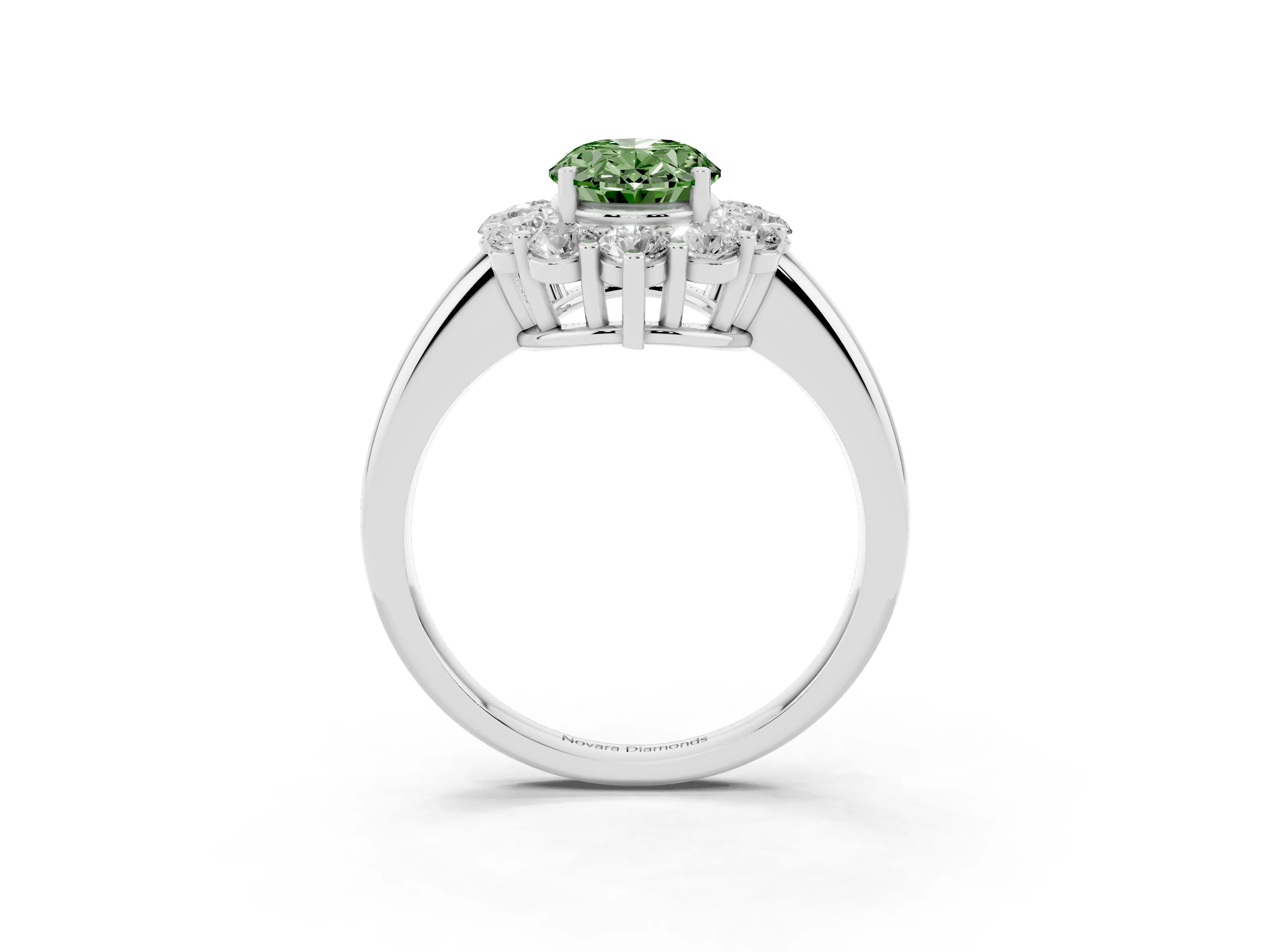 Fancy Green Oval Cut Diamond Halo Cluster Engagement Ring Set in Silver with Polished Band and Prong Setting