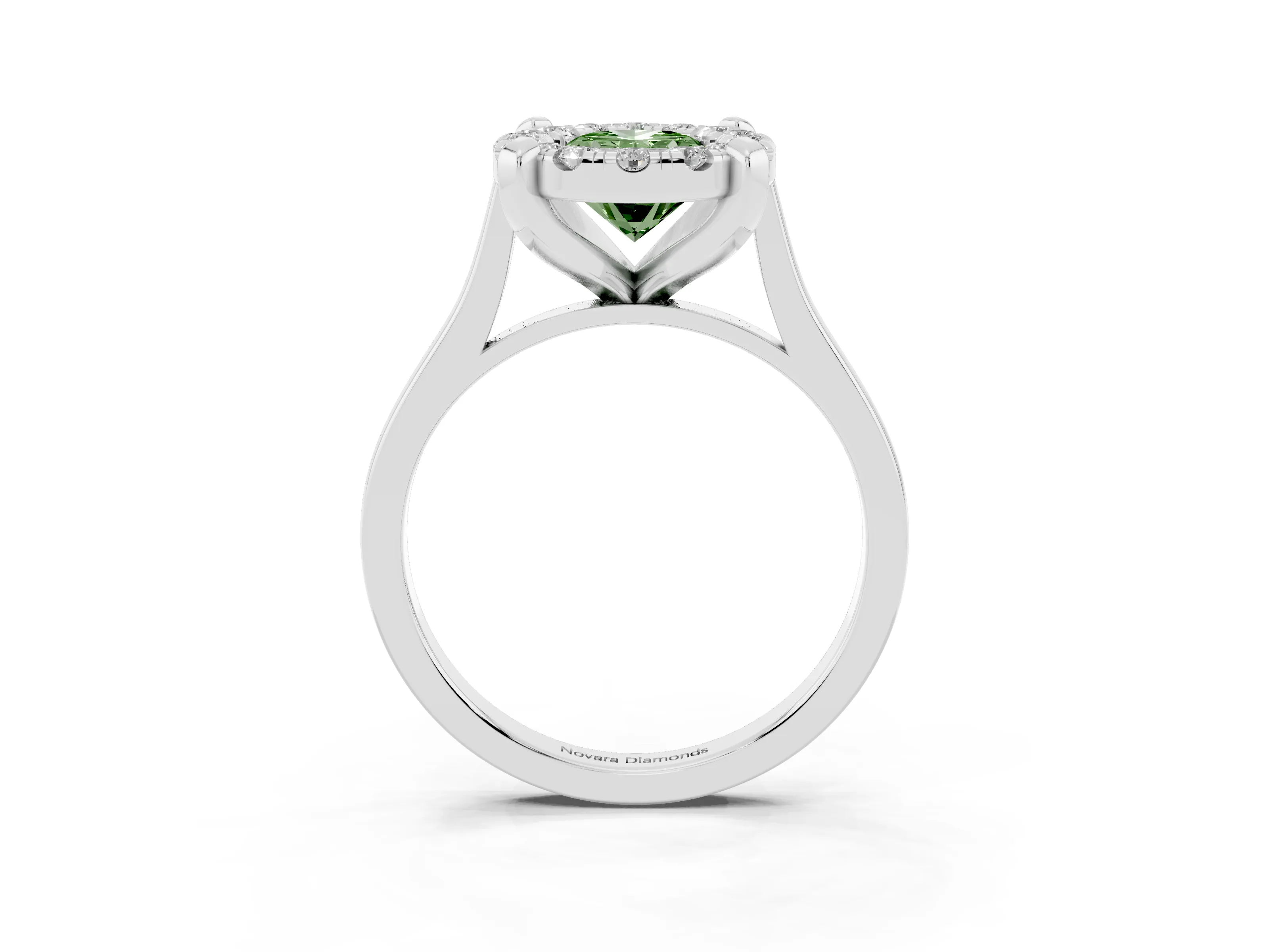 Fancy Green Oval Cut Diamond Cluster Halo Solitaire Ring Set in White gold with Prong Setting
