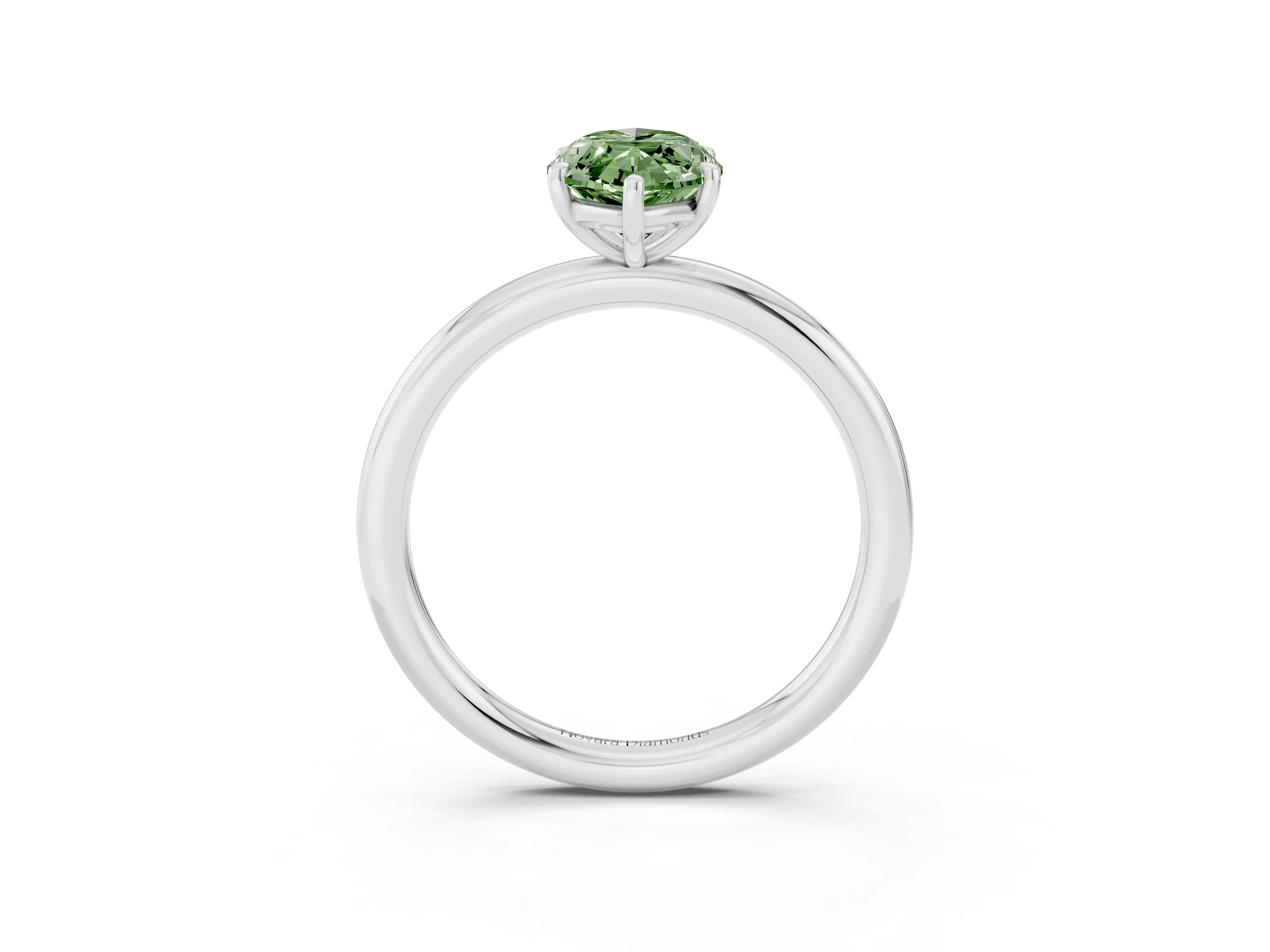 Fancy Green Oval Cut Diamond Solitaire Ring Set in White gold with Prong Setting on a Polished Plain Band