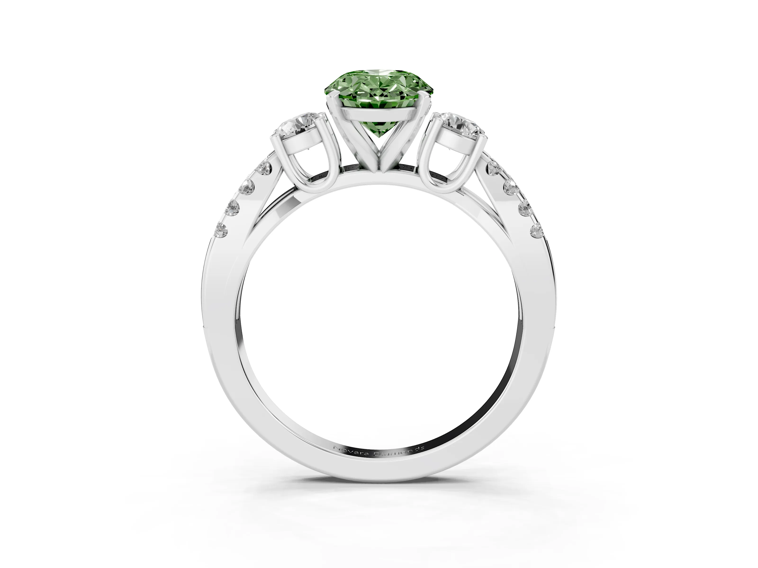Fancy Green Oval Cut Diamond Three-Stone Ring Set in Platinum with Pavé Split Shank and Prong Setting