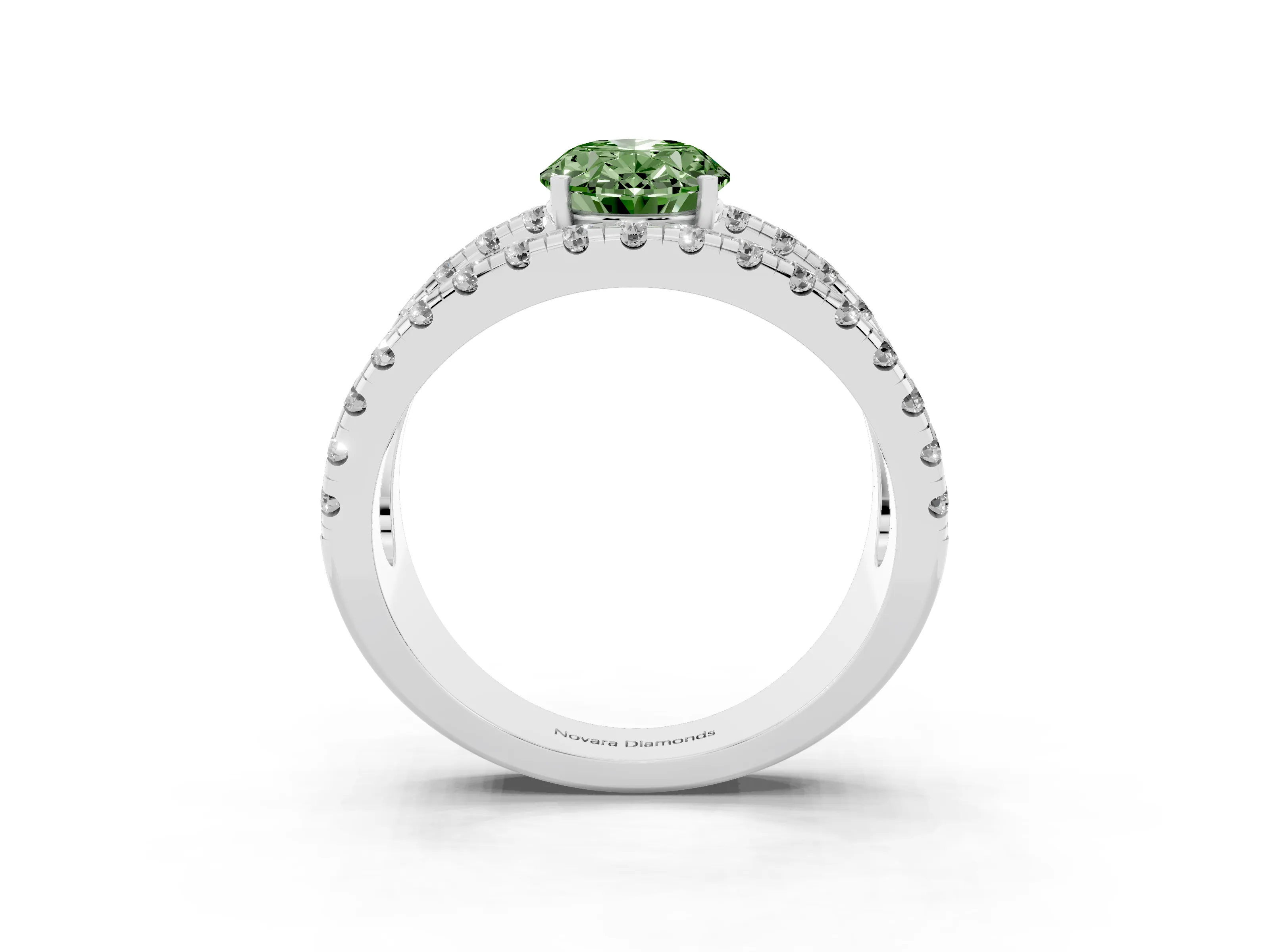 Fancy Green Oval Cut Diamond Split Shank Pavé Solitaire Ring Set in Platinum with Open Shank Design
