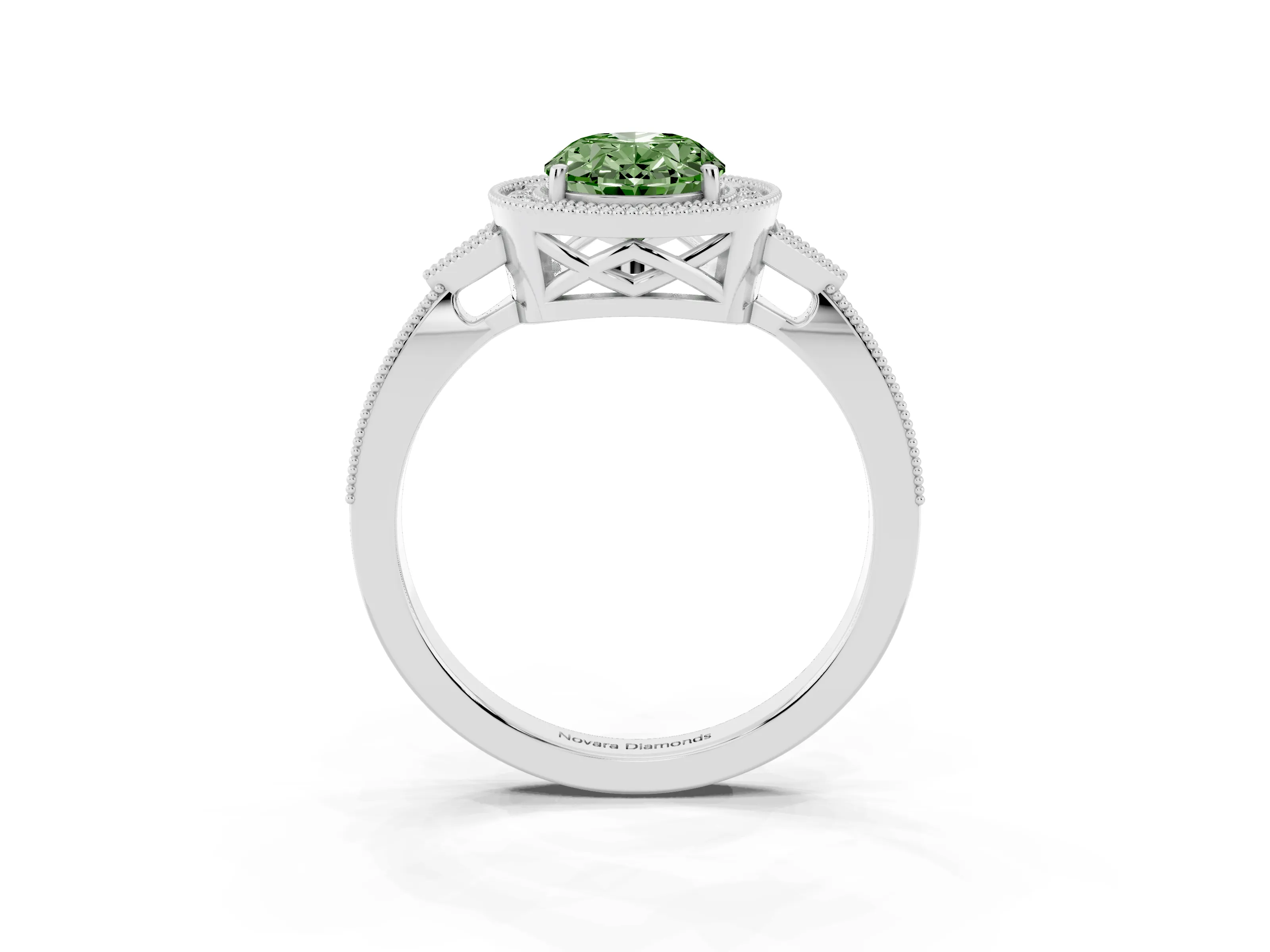 Fancy Green Oval Cut Diamond Halo Engagement Ring Set in Silver with Milgrain Pavé Band