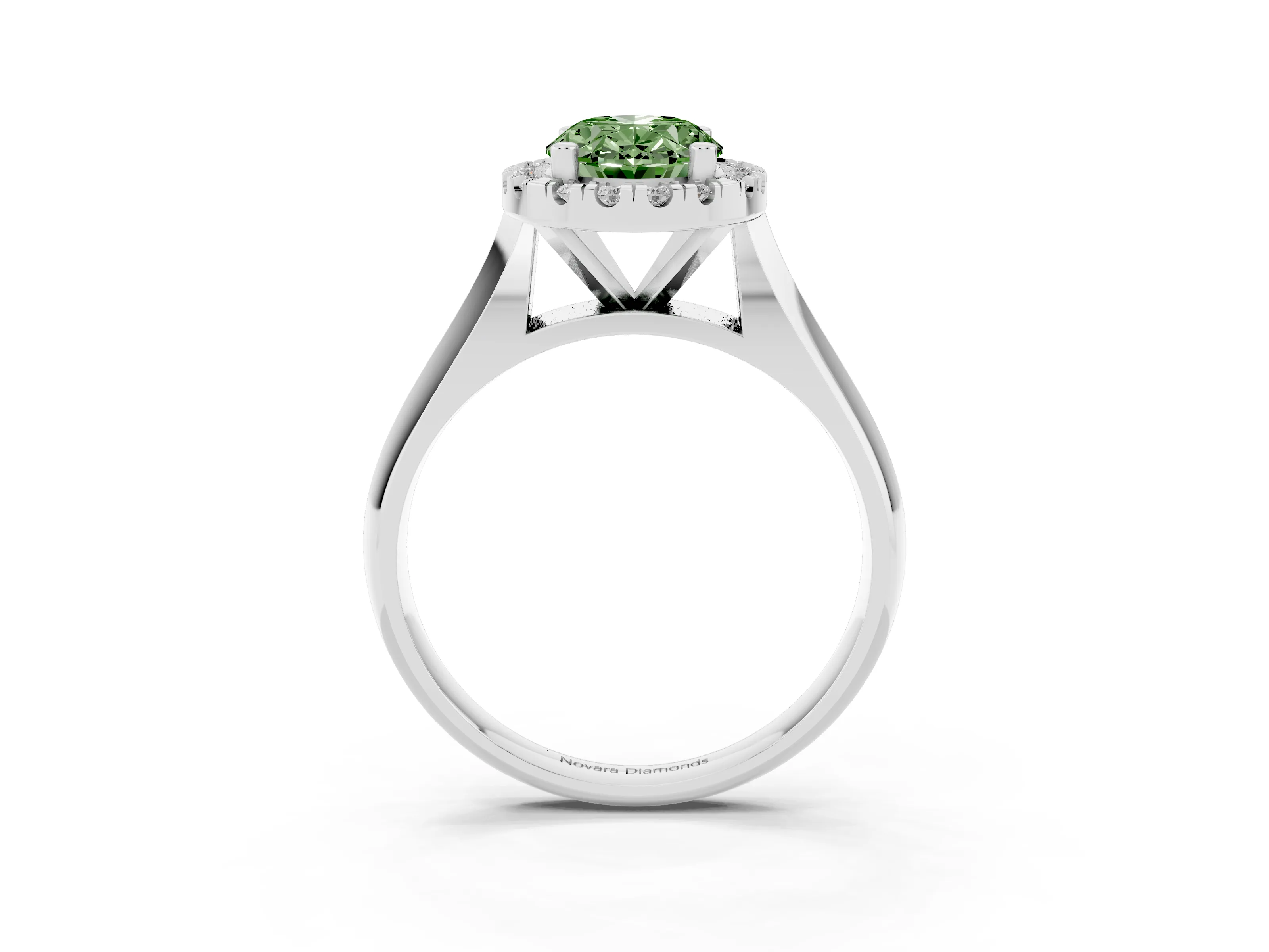 Fancy Green Oval Cut Diamond Halo Solitaire Engagement Ring Set in Silver with Square Band and Prong Setting