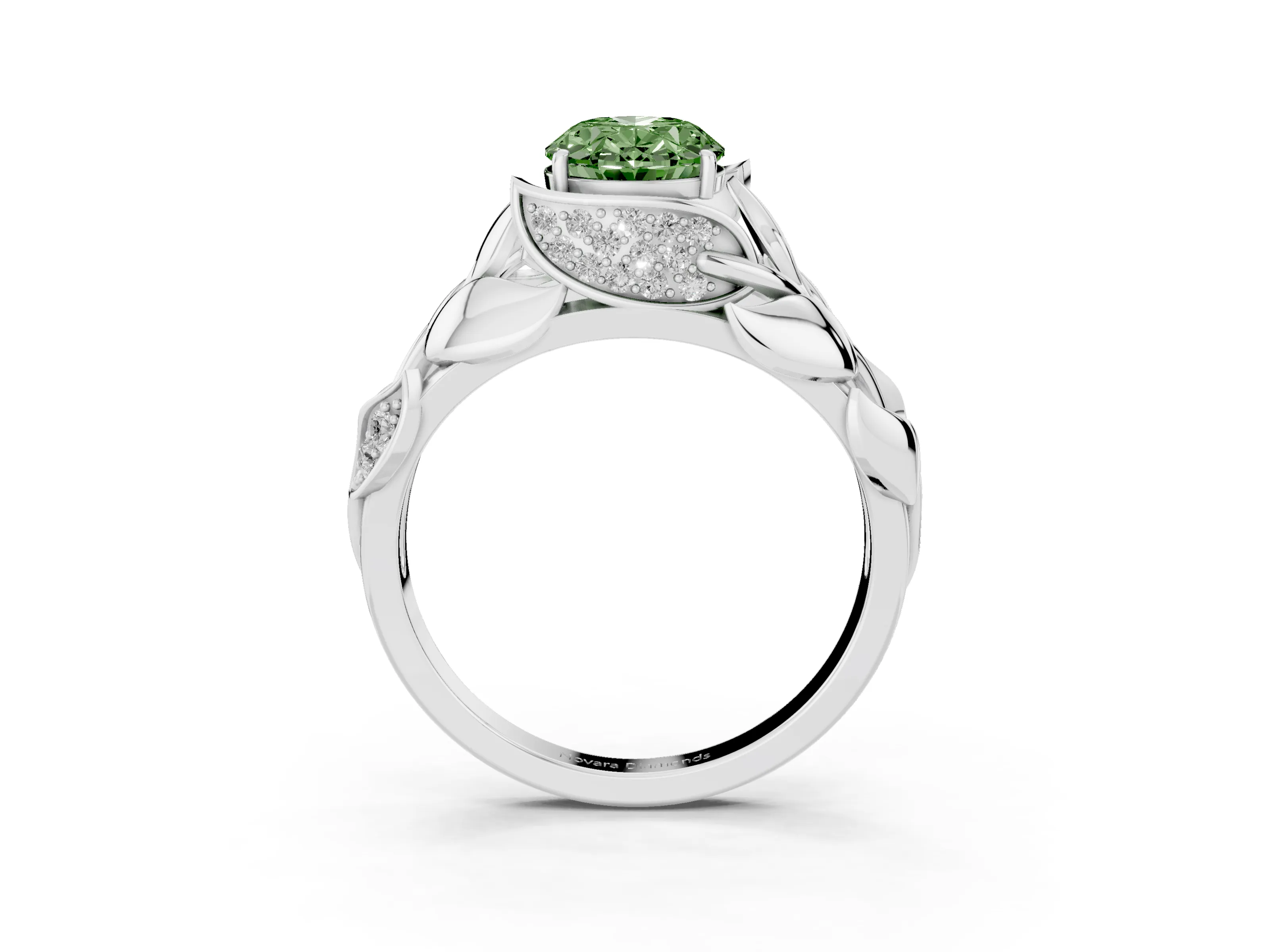 Fancy Green Oval Cut Diamond Leaf-Inspired Engagement Ring Set in White gold with Round Accents
