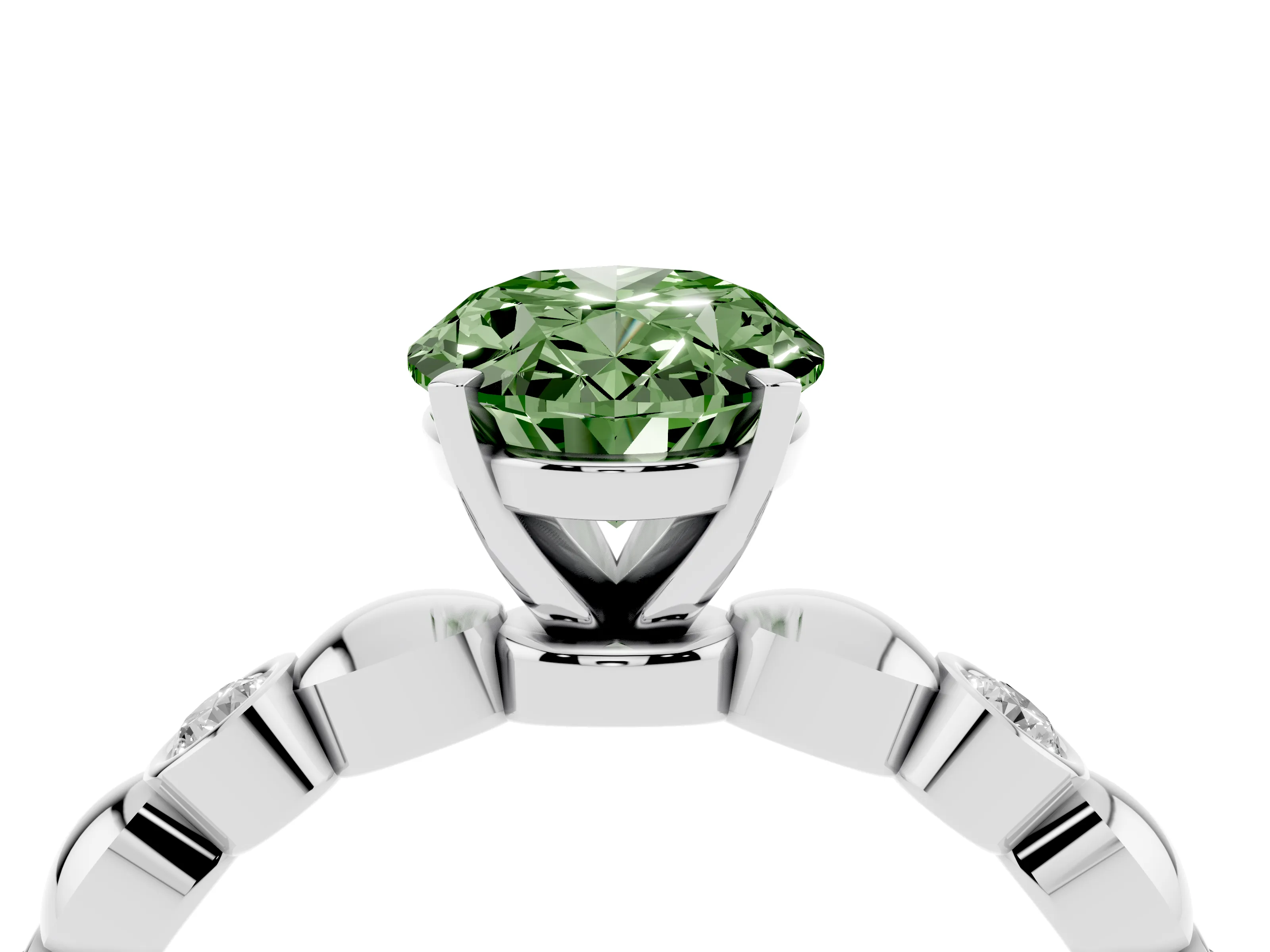 Fancy Green Oval Cut Diamond Solitaire Ring Set in Silver with Bezel-Set Accents on Beaded Band and Prong Setting
