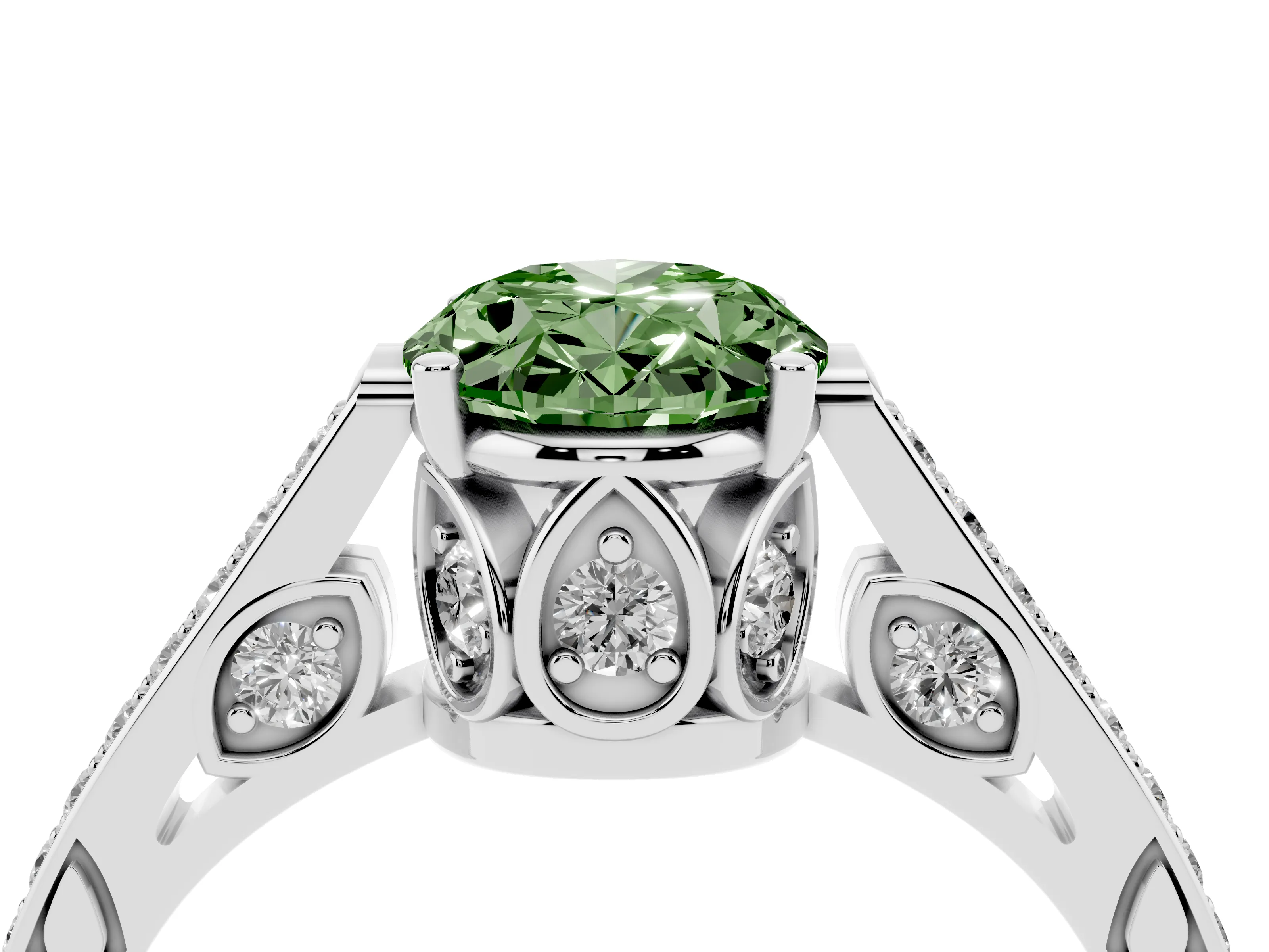 Fancy Green Oval Cut Diamond Cathedral Pavé Engagement Ring Set in Silver with Prong Setting