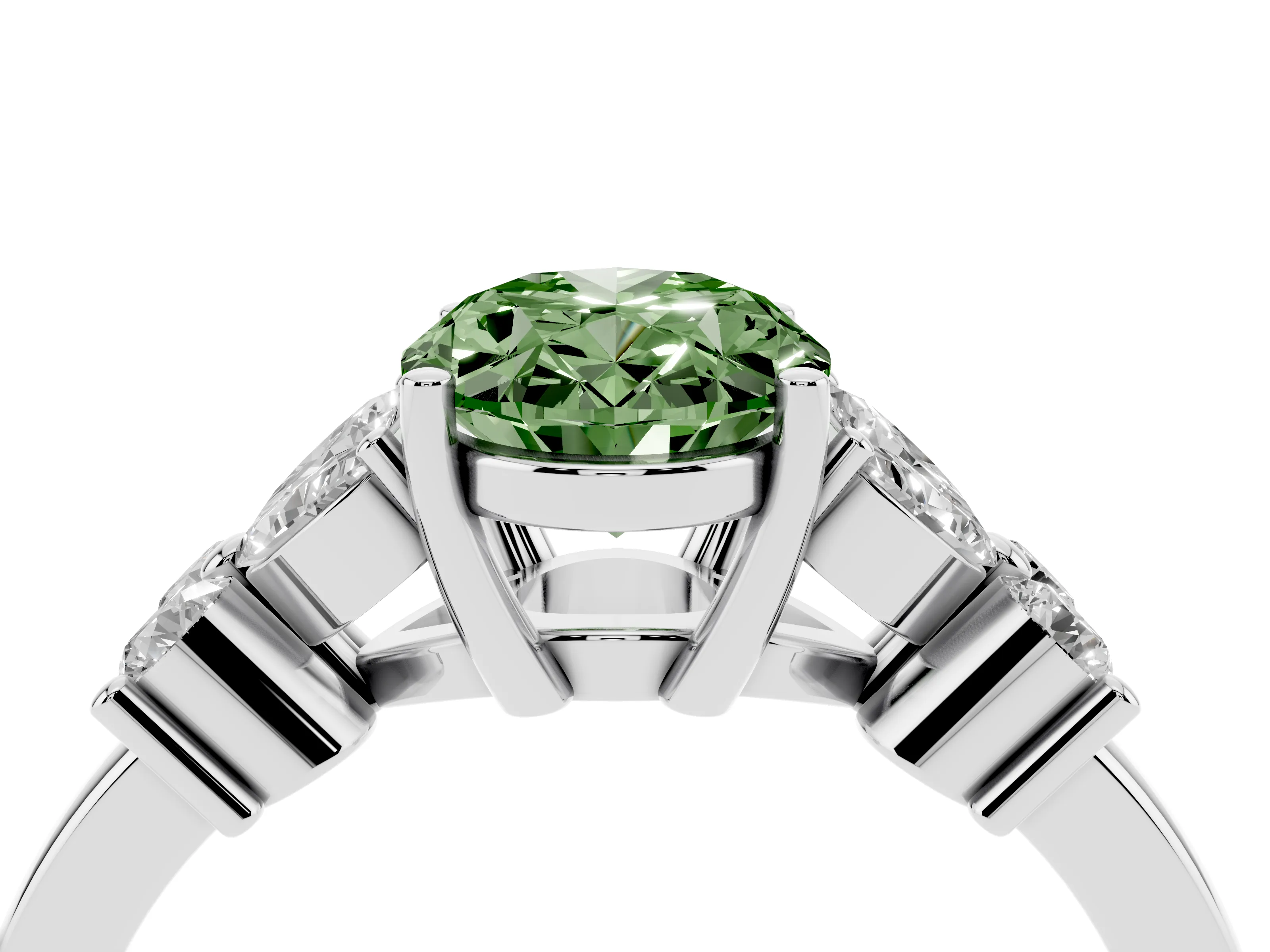 Fancy Green Oval Cut Diamond Floral Cluster Ring Set in Platinum with Marquise Petals and Prong Setting