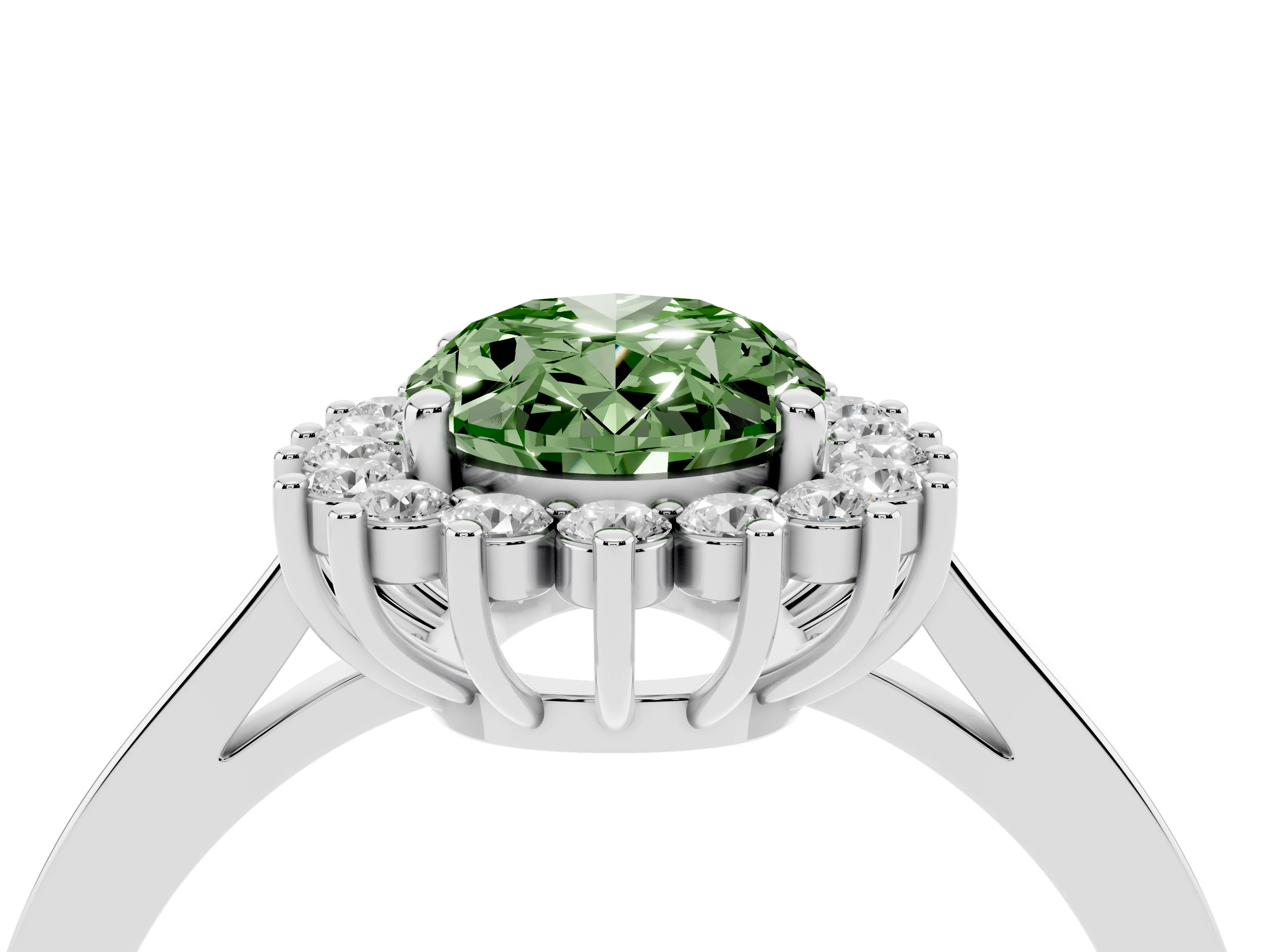 Fancy Green Oval Cut Diamond Halo Ring Set in White gold with Round Halo and Smooth Solitaire Band