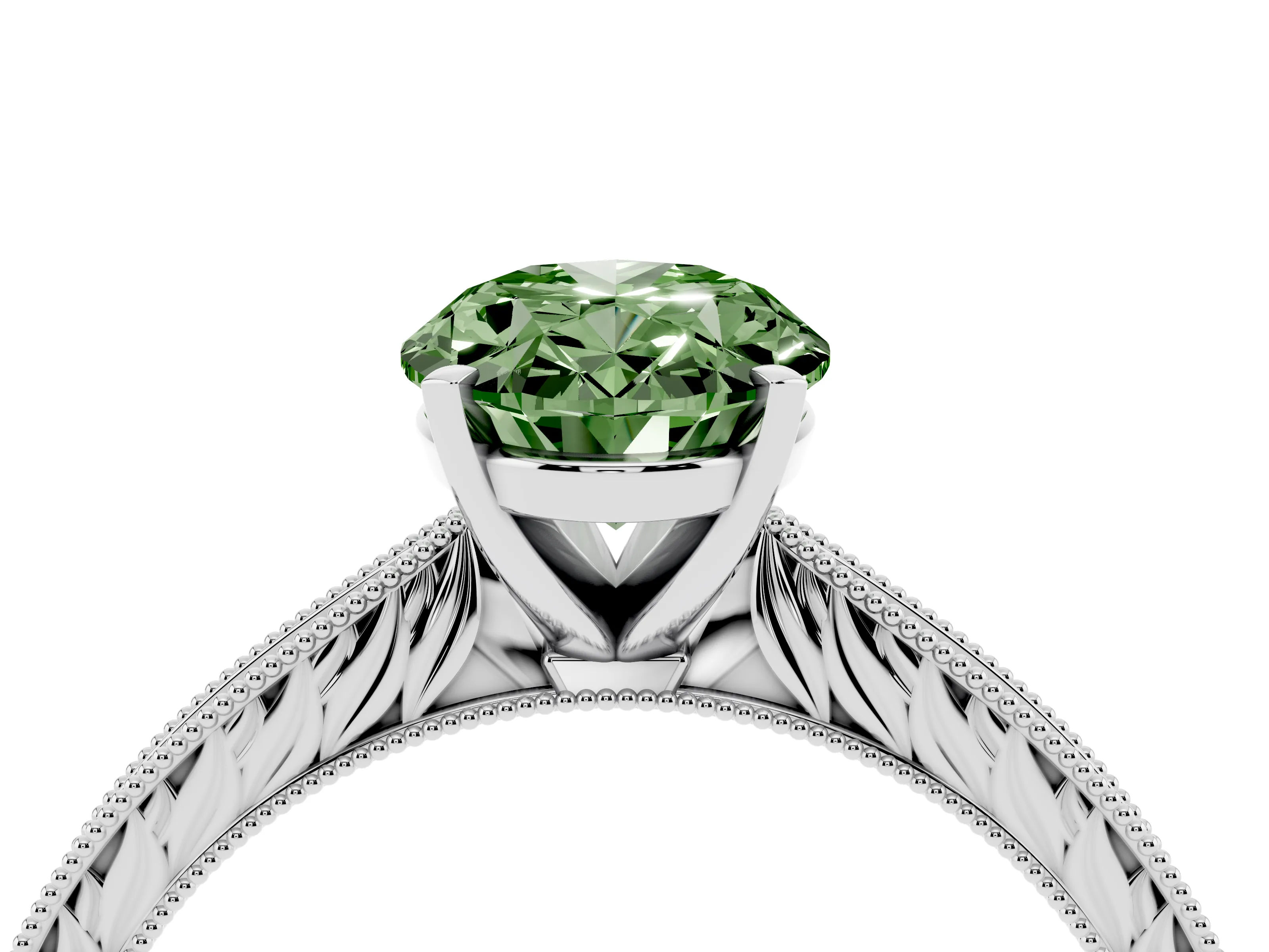 Fancy Green Oval Cut Diamond Solitaire Milgrain Engraved Band Set in White gold with Prong Setting