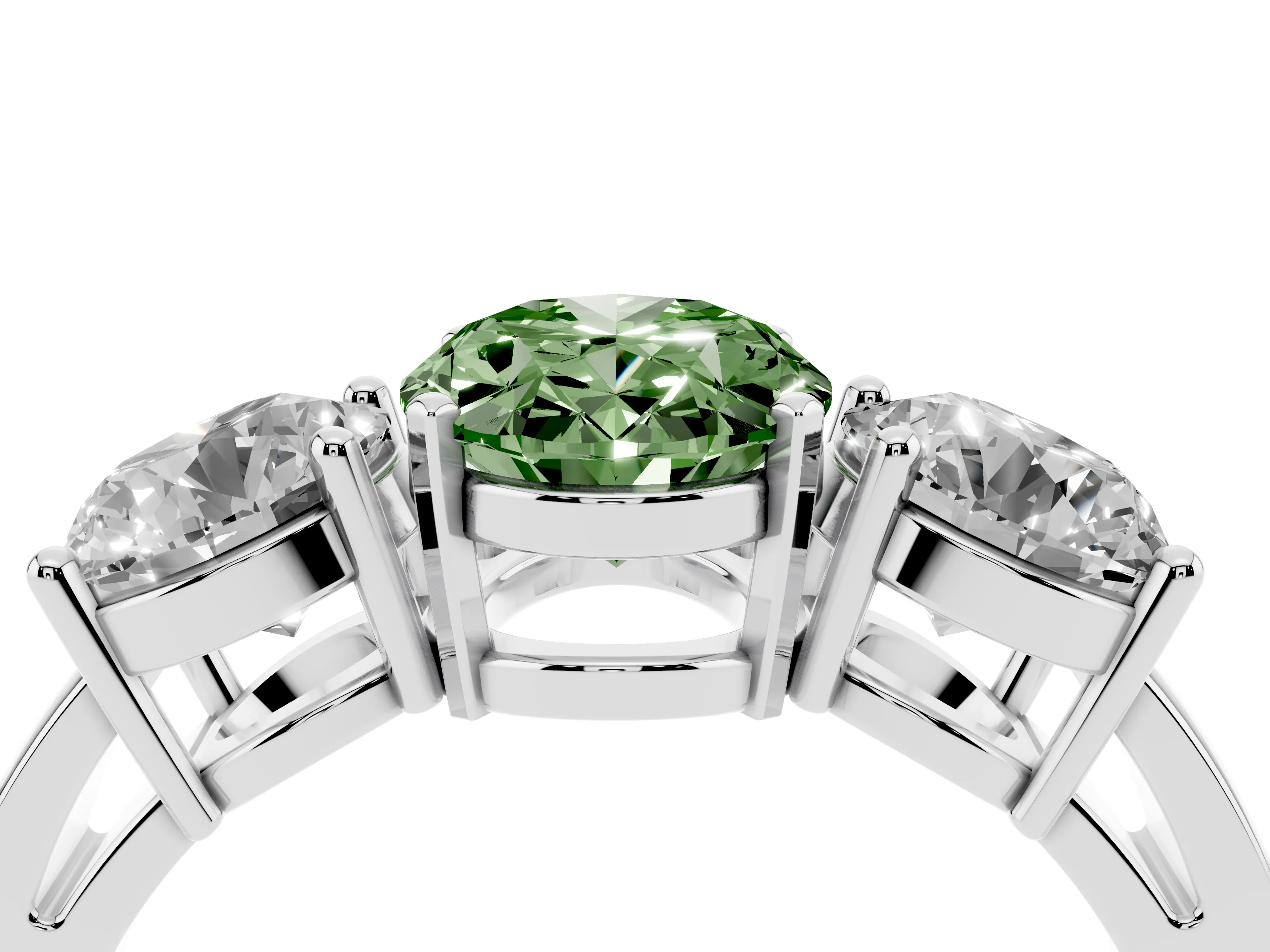 Fancy Green Oval Cut Diamond Three-Stone Ring Set in Platinum with Round Side Stones and Classic Band
