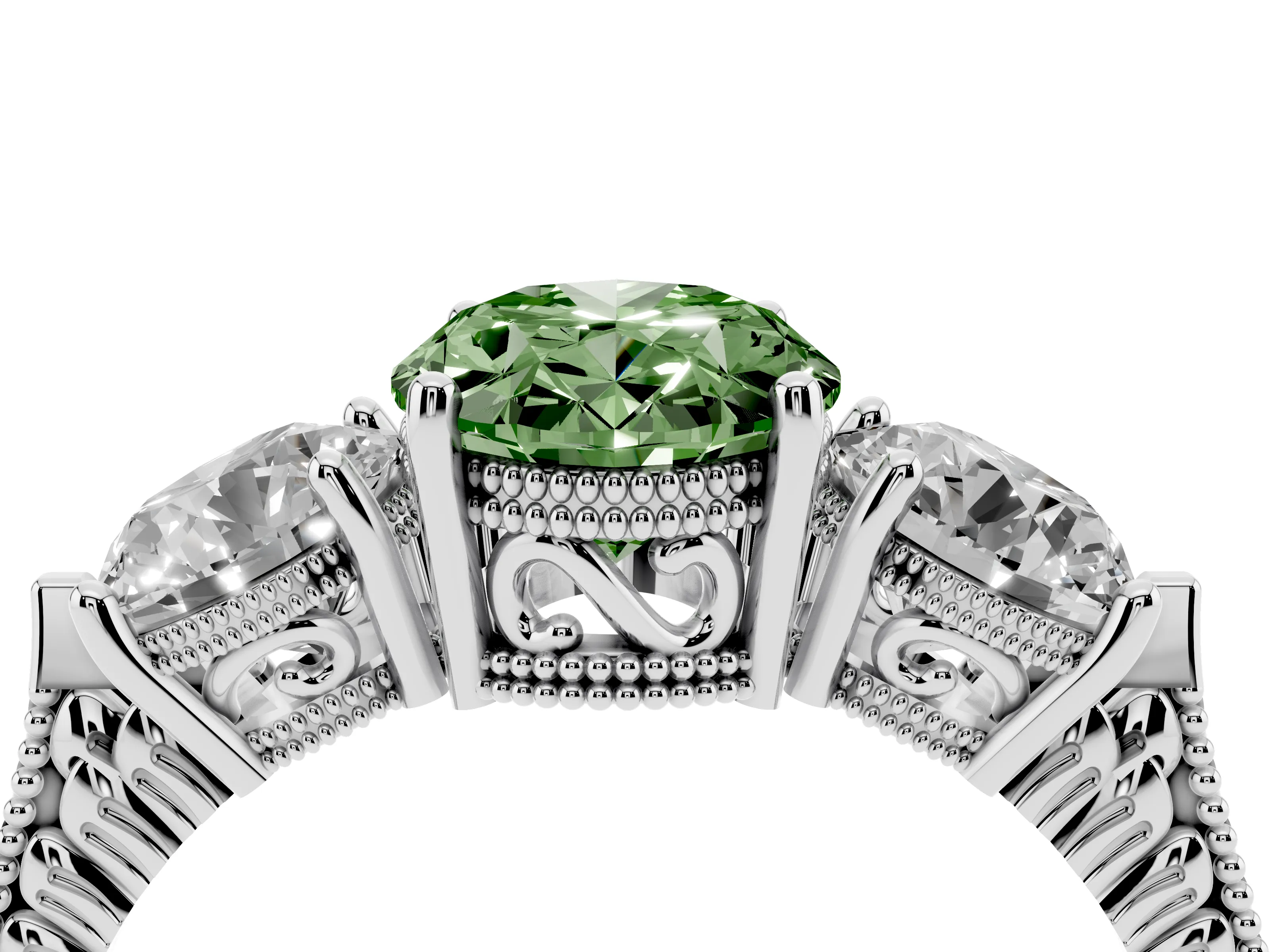 Fancy Green Oval Cut Diamond Three-Stone Ring Set in Silver with Milgrain Band