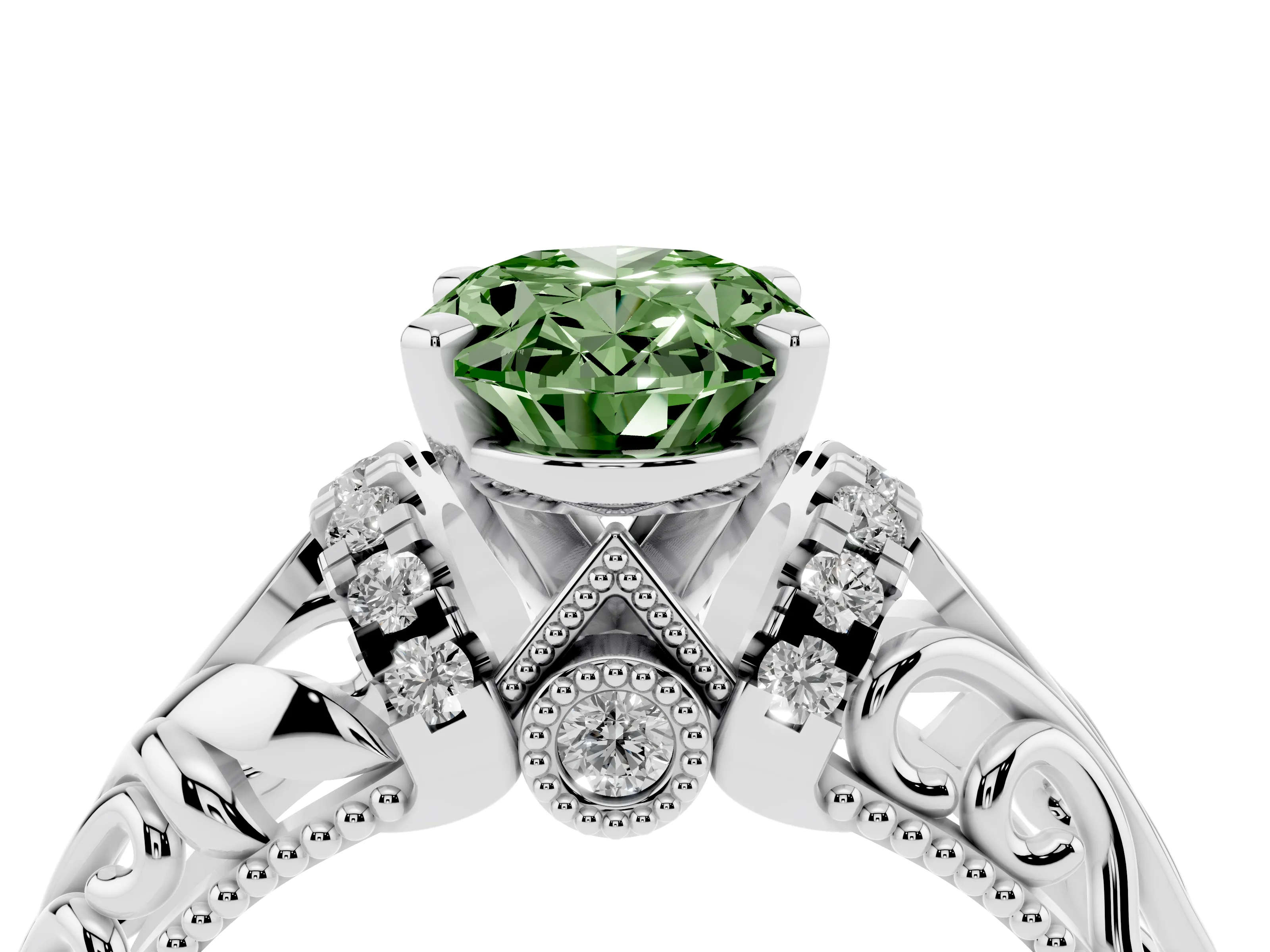Fancy Green Oval Cut Diamond Filigree Halo Engagement Ring Set in White gold with Prong Setting