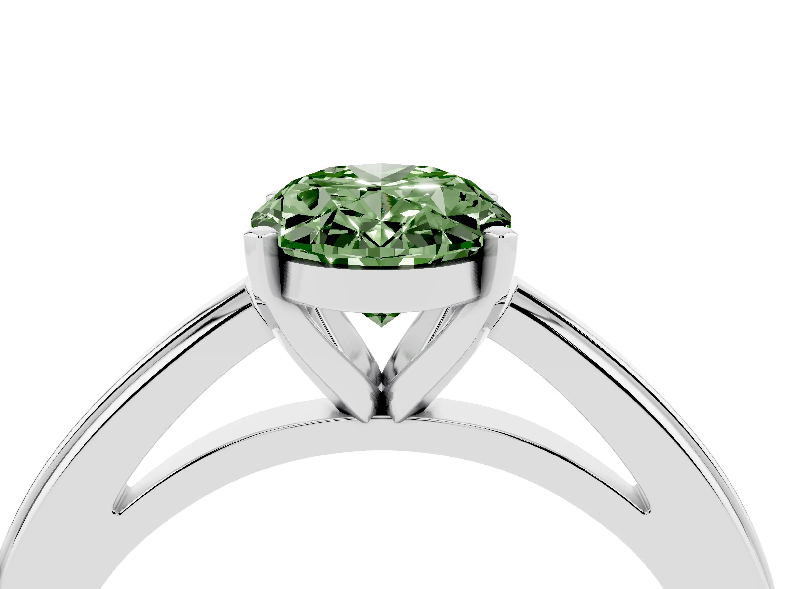 Fancy Green Oval Cut Diamond Solitaire Ring Set in Platinum with Prong Setting and Classic Band