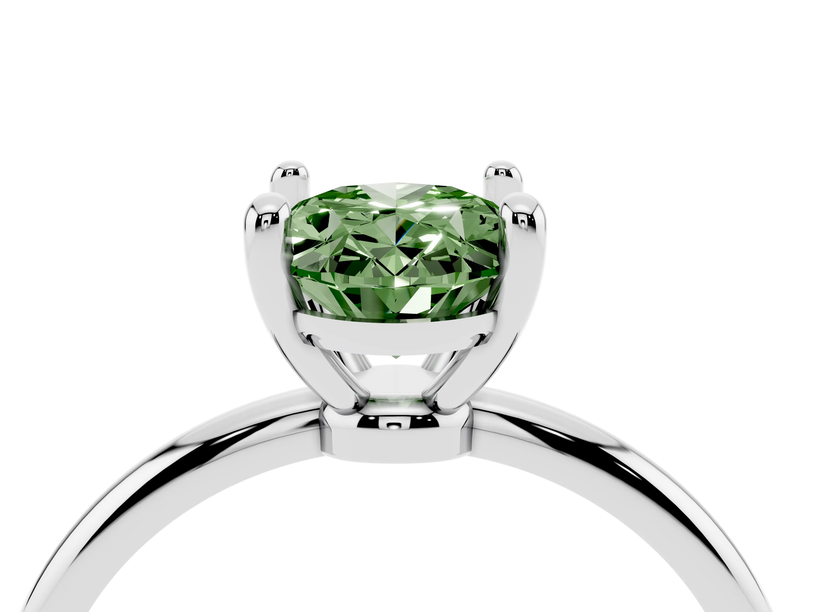 Fancy Green Oval Cut Diamond Solitaire Ring Set in White gold with Secure Prong Setting on a Classic Band