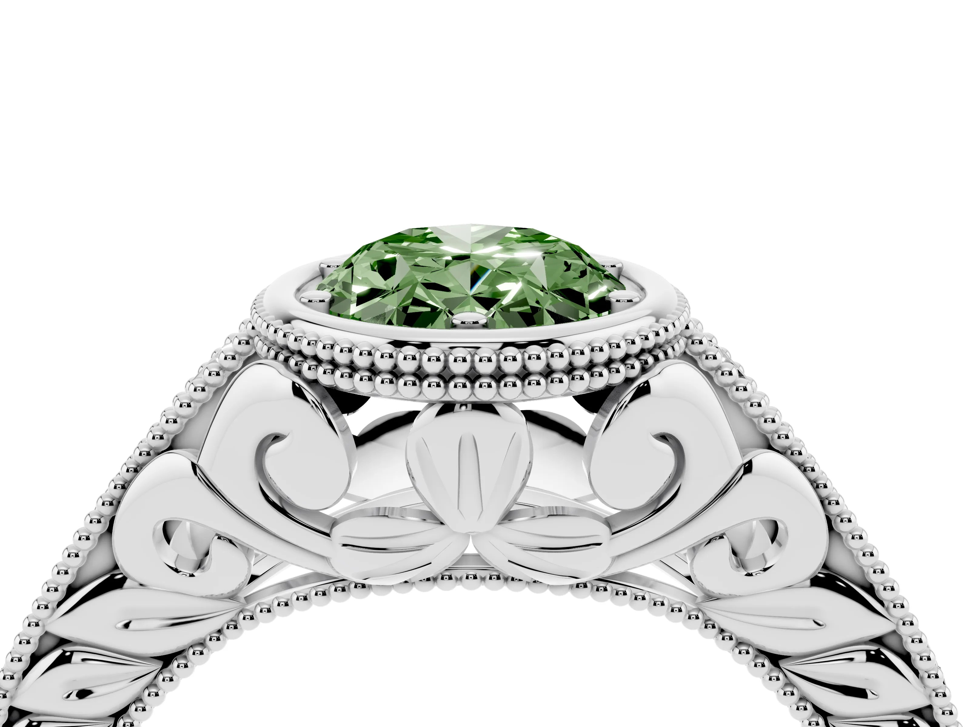 Fancy Green Bezel Set Oval Cut Diamond Milgrain Pavé Engagement Ring Set in Silver