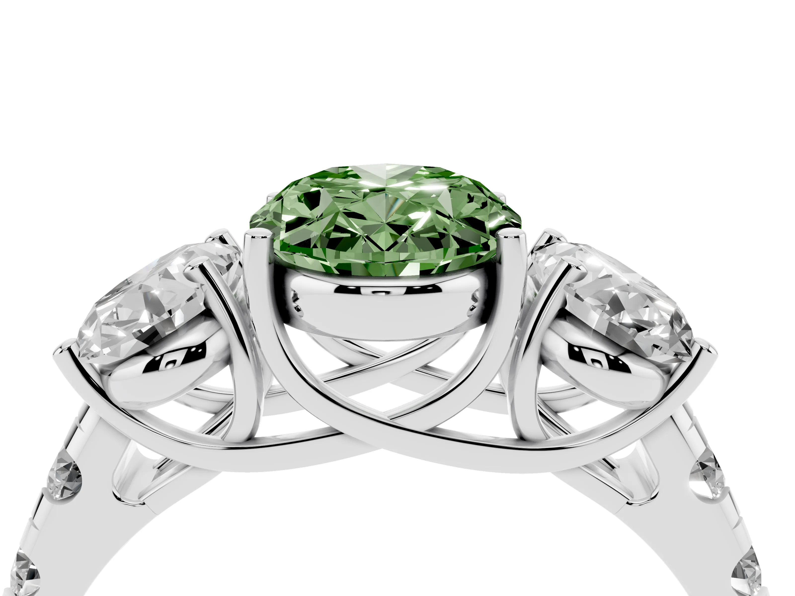 Fancy Green Oval Cut Diamond Three-Stone Ring Set in Silver with Pavé Band