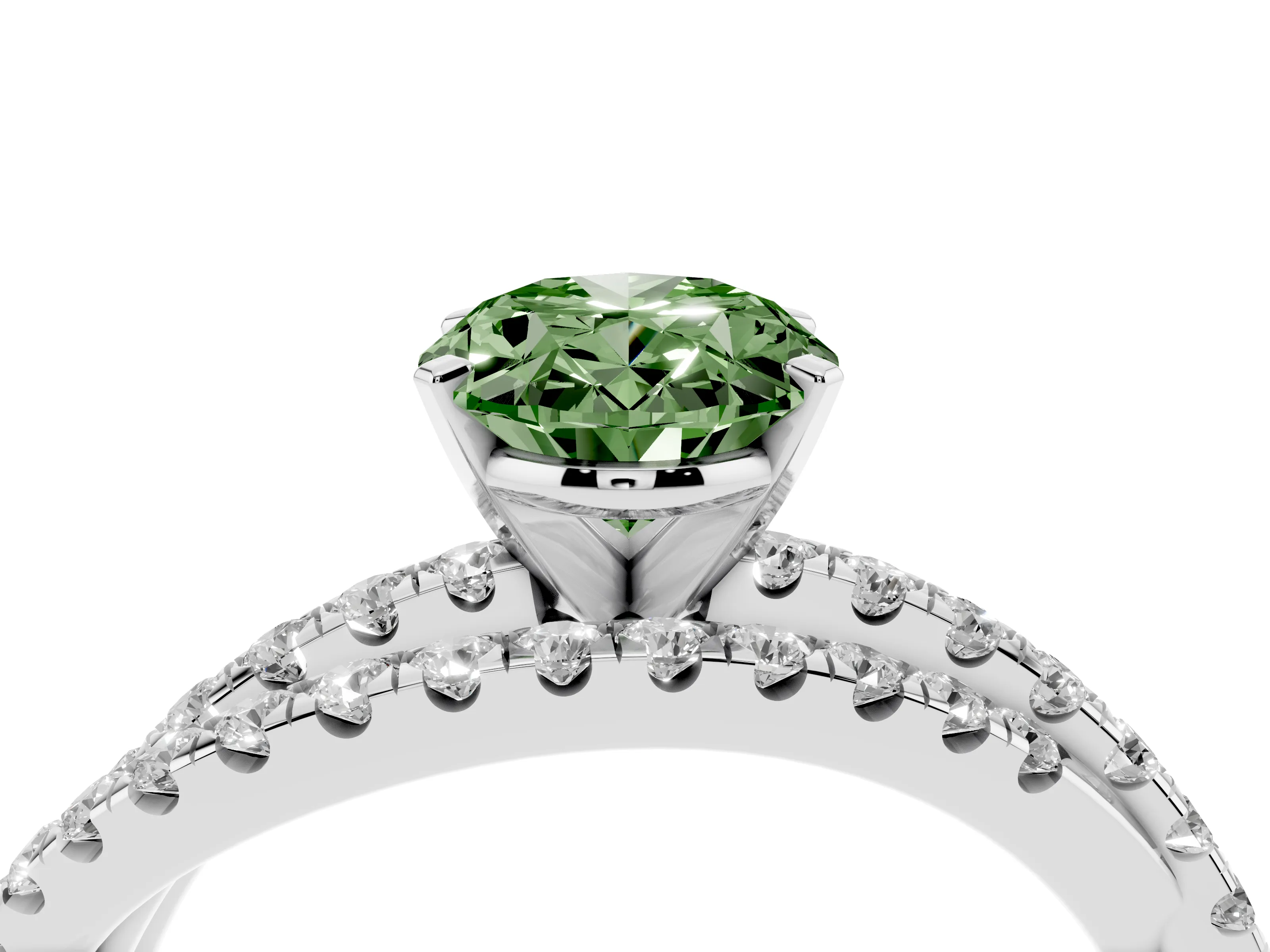 Fancy Green Oval Cut Diamond Solitaire Twist Band Ring Set in Platinum with Pavé Setting and Prong Head