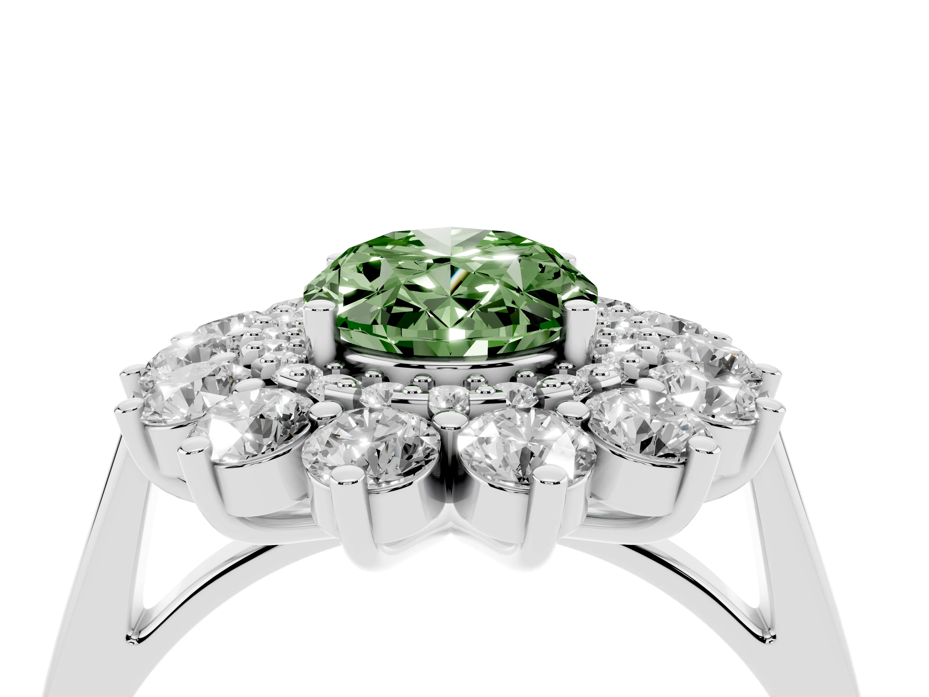Fancy Green Oval Cut Diamond Floral Double Halo Ring Set in Silver with Round Petals