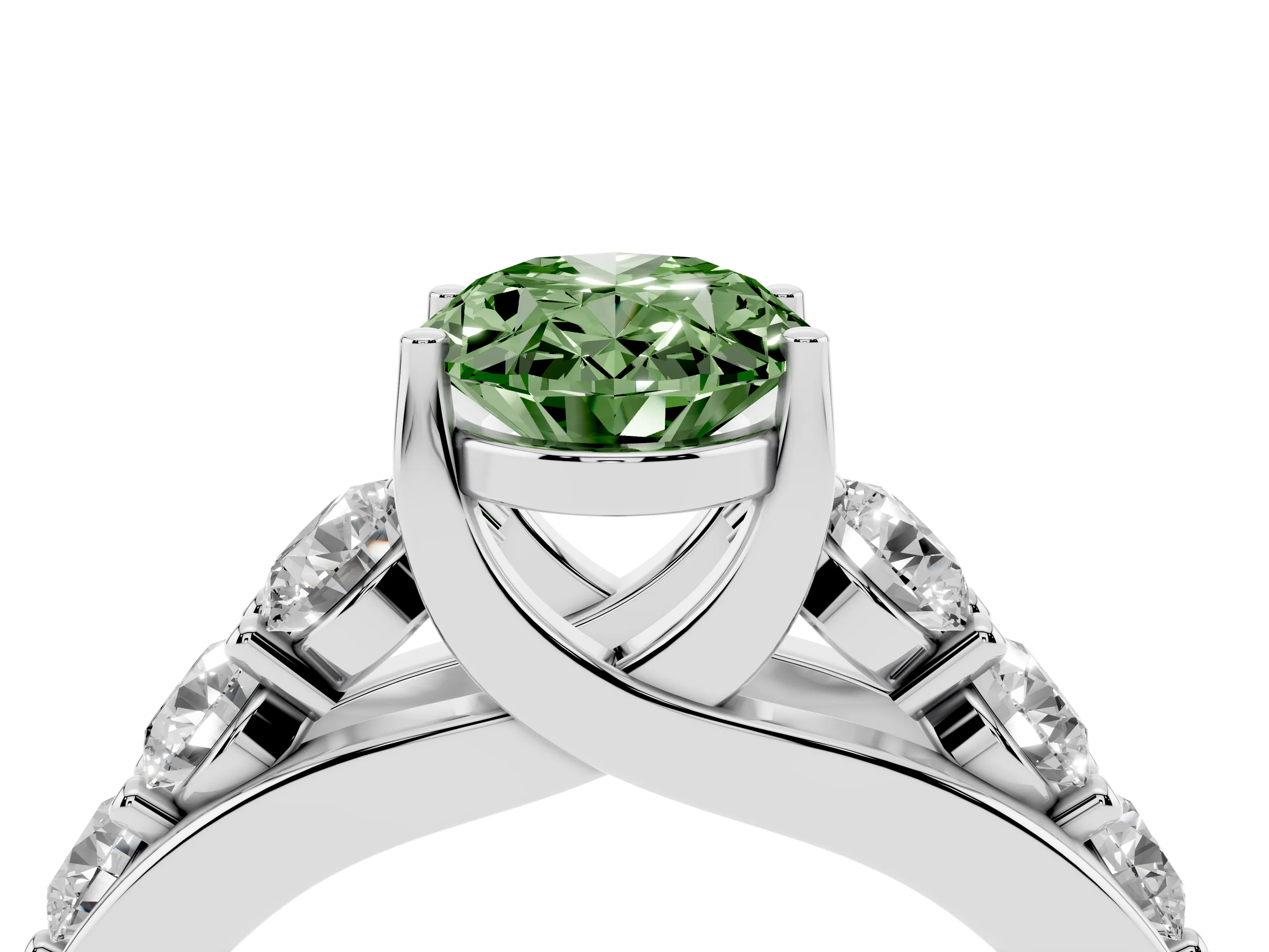Fancy Green Oval Cut Diamond Pavé Engagement Ring Set in Silver with Prong Setting