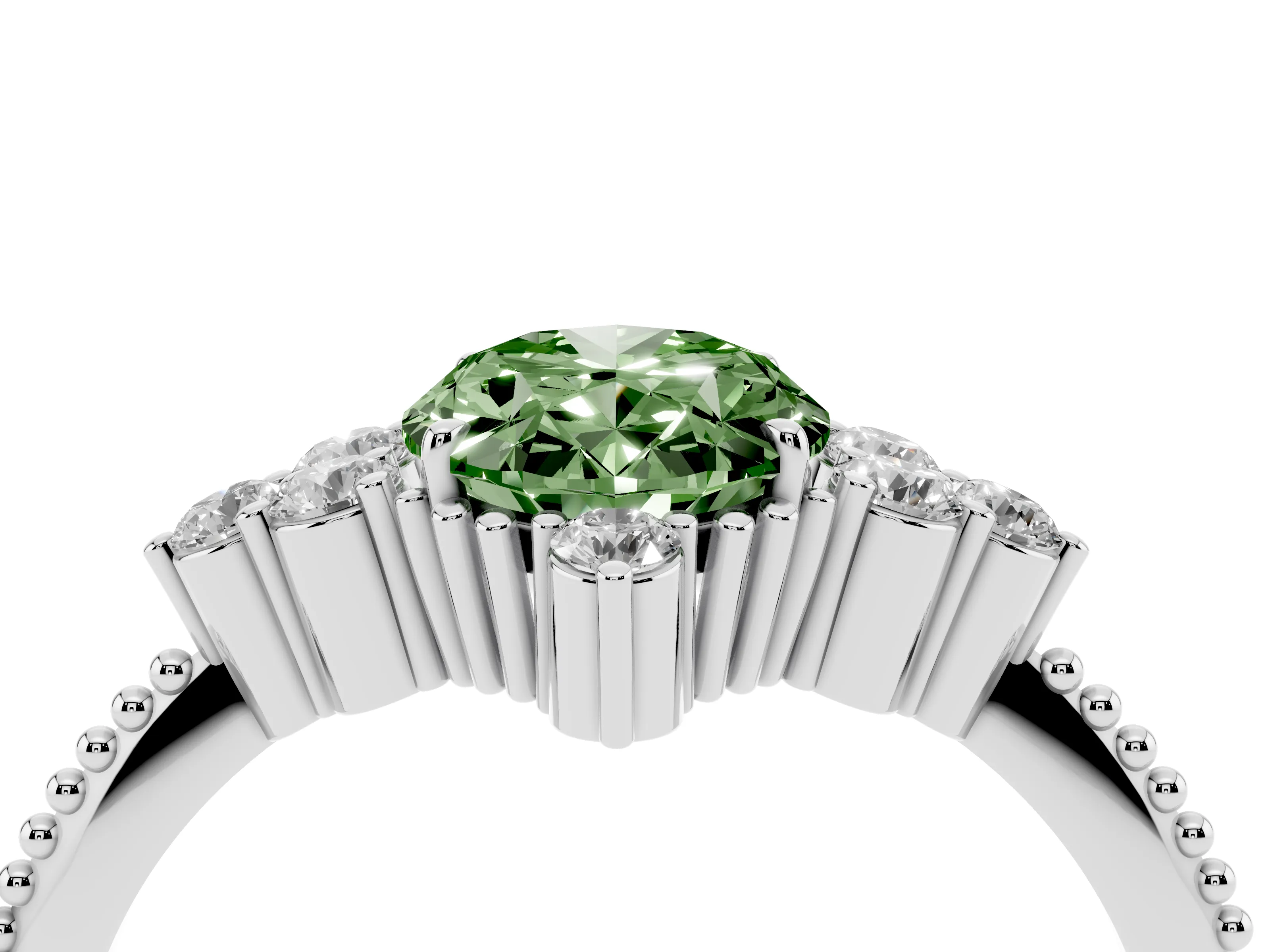 Fancy Green Oval Cut Diamond Cluster Ring Set in Silver with Beaded Band