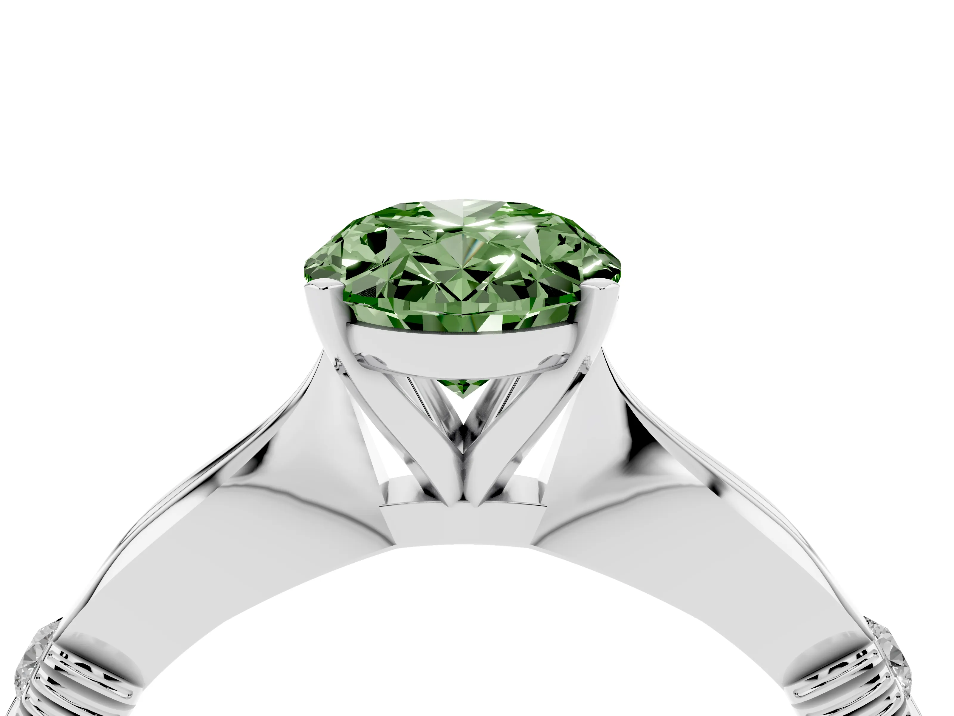 Fancy Green Oval Cut Diamond Solitaire Twisted Band Ring Set in Silver with Accent Stones and Prong Setting