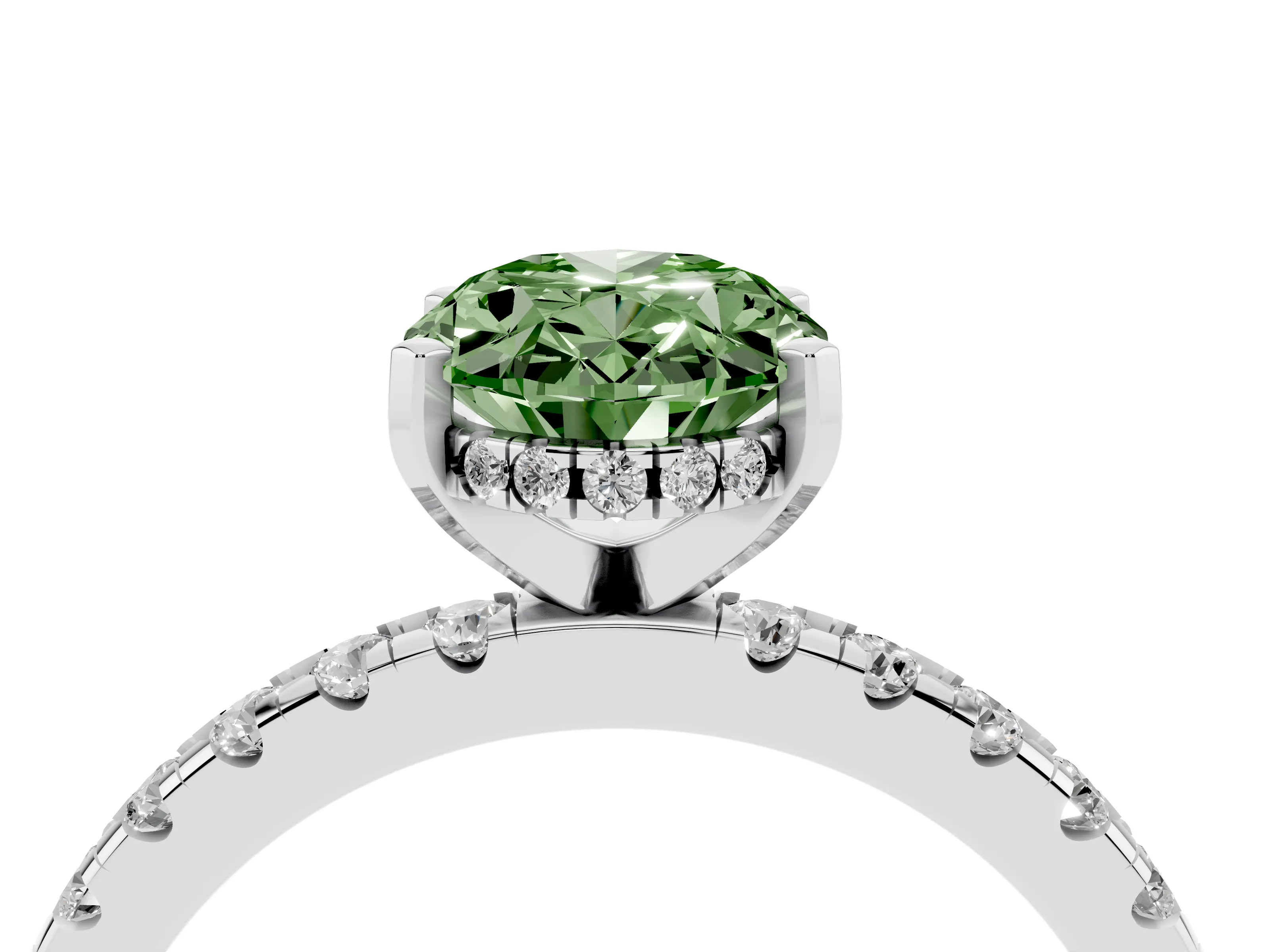 Fancy Green Oval Cut Diamond Pavé Solitaire Ring Set in Platinum with Round Band Accents and Prong Setting
