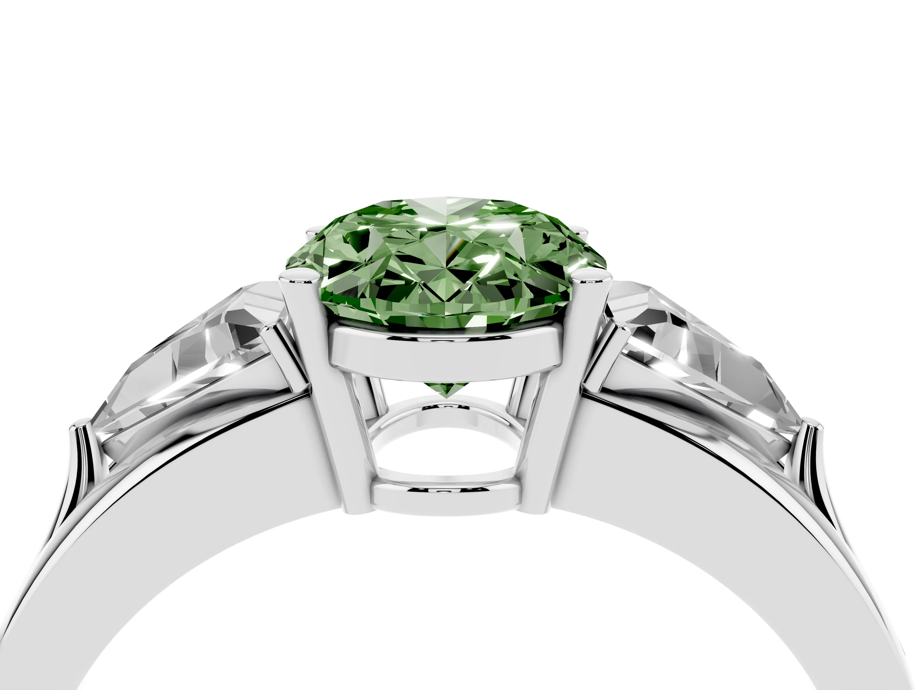 Fancy Green Oval Cut Diamond Three-Stone Ring Set in Silver with Trillion Side Stones and Split Shank