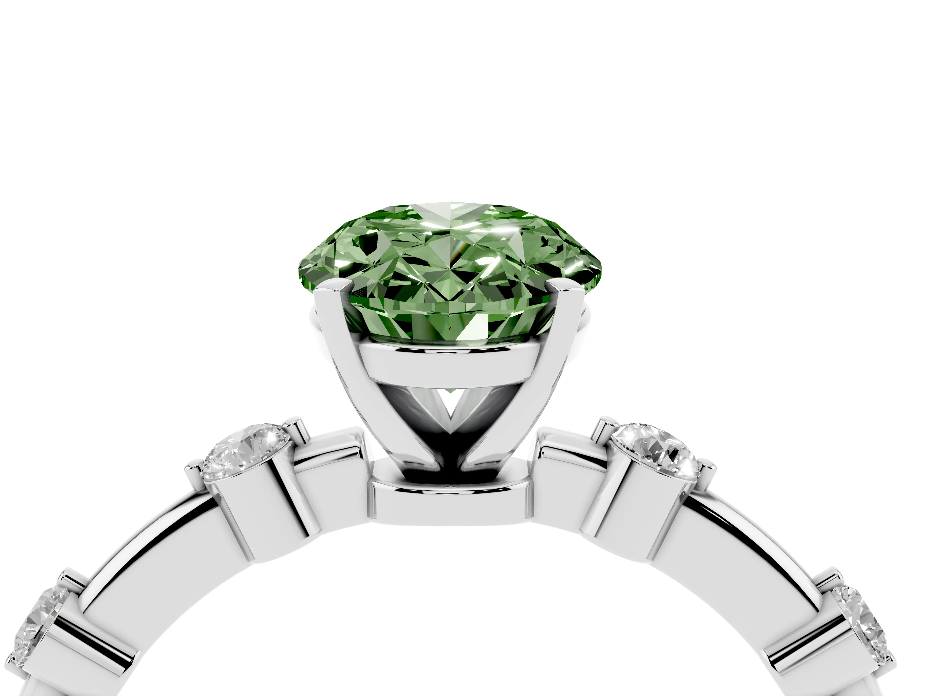 Fancy Green Oval Cut Diamond Solitaire Ring Set in Silver with Bezel Set Side Stones and Prong Setting