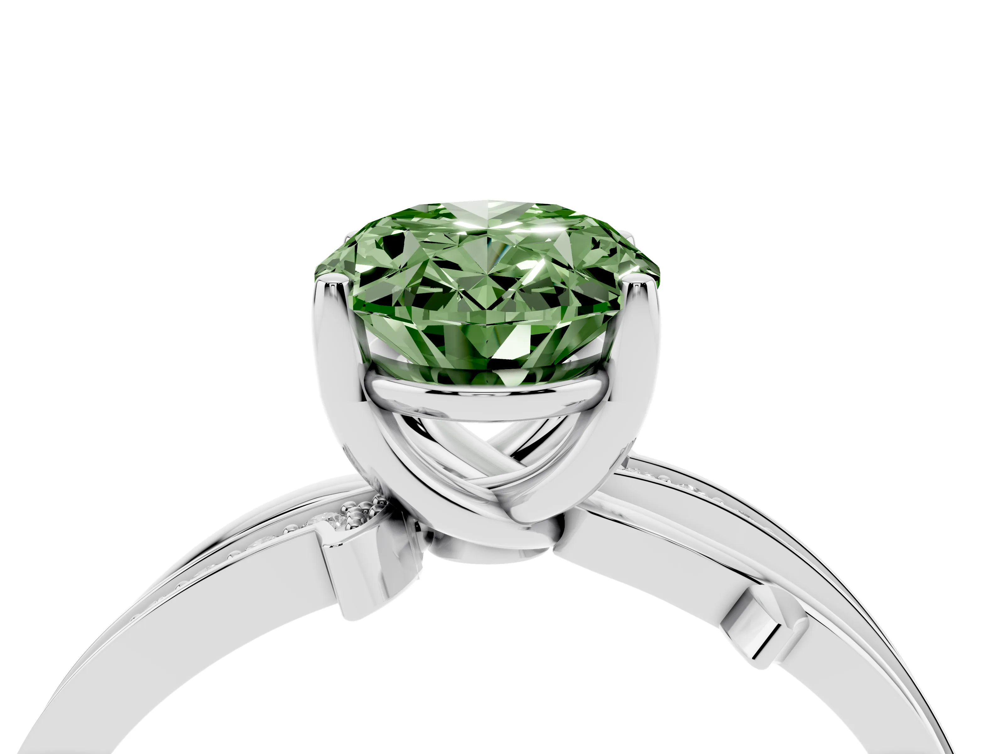 Fancy Green Oval Cut Diamond Pavé Twist Band Solitaire Ring Set in Platinum with Prong Setting