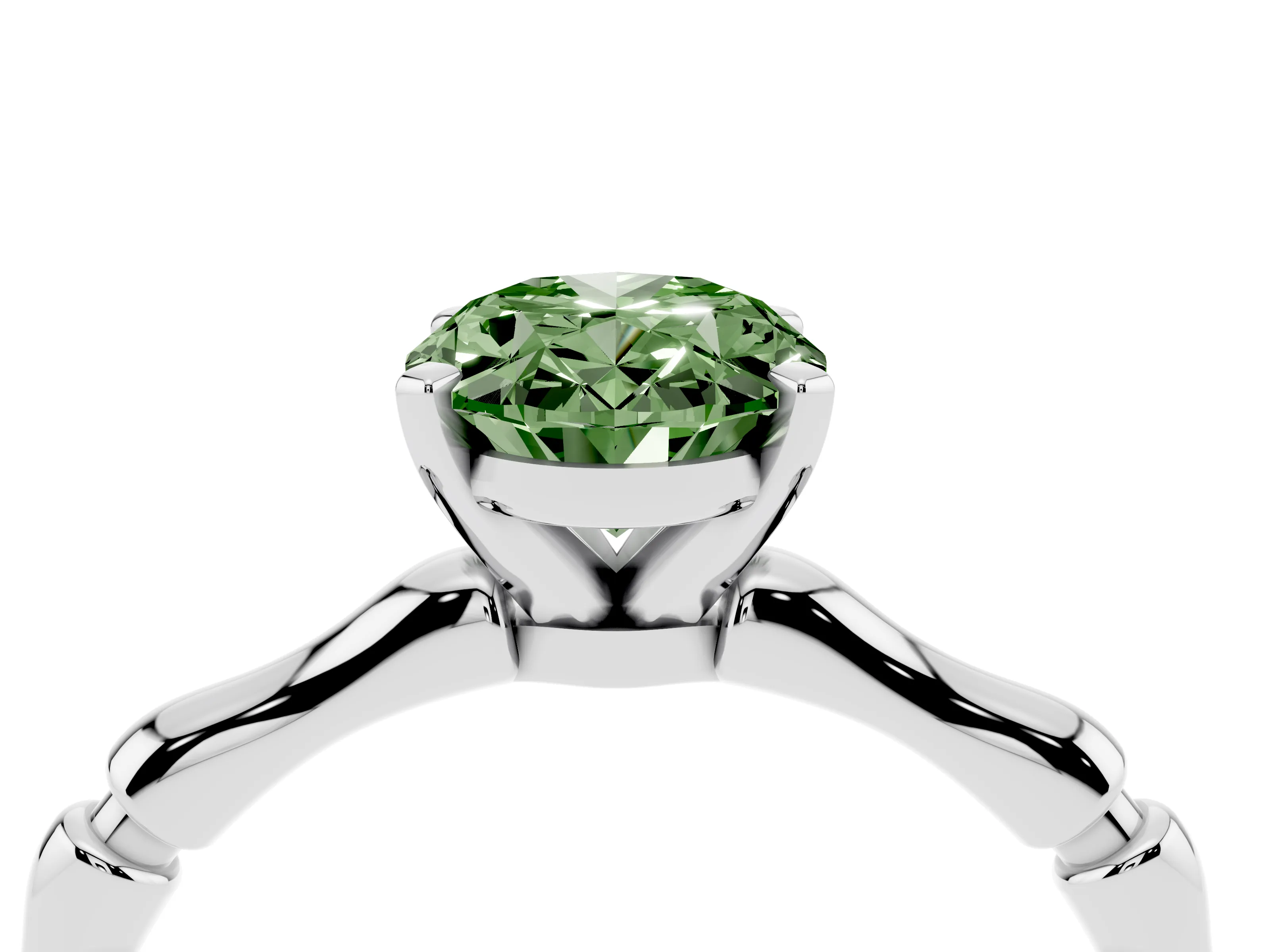 Fancy Green Oval Cut Diamond Solitaire Ring Set in Platinum with Bamboo Band and Prong Setting