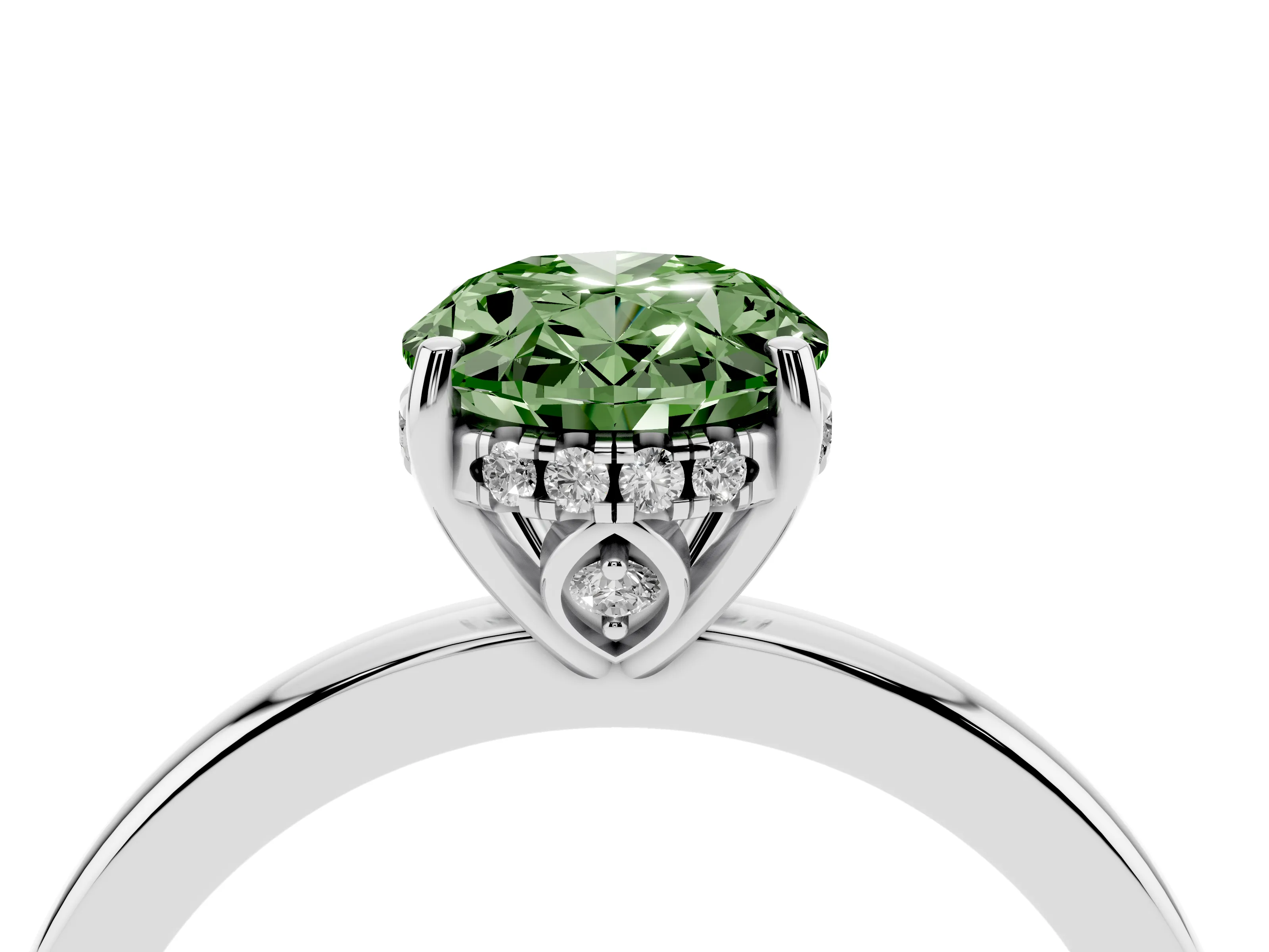 Fancy Green Oval Cut Diamond Solitaire Ring Set in Silver with Plain Band and Prong Setting