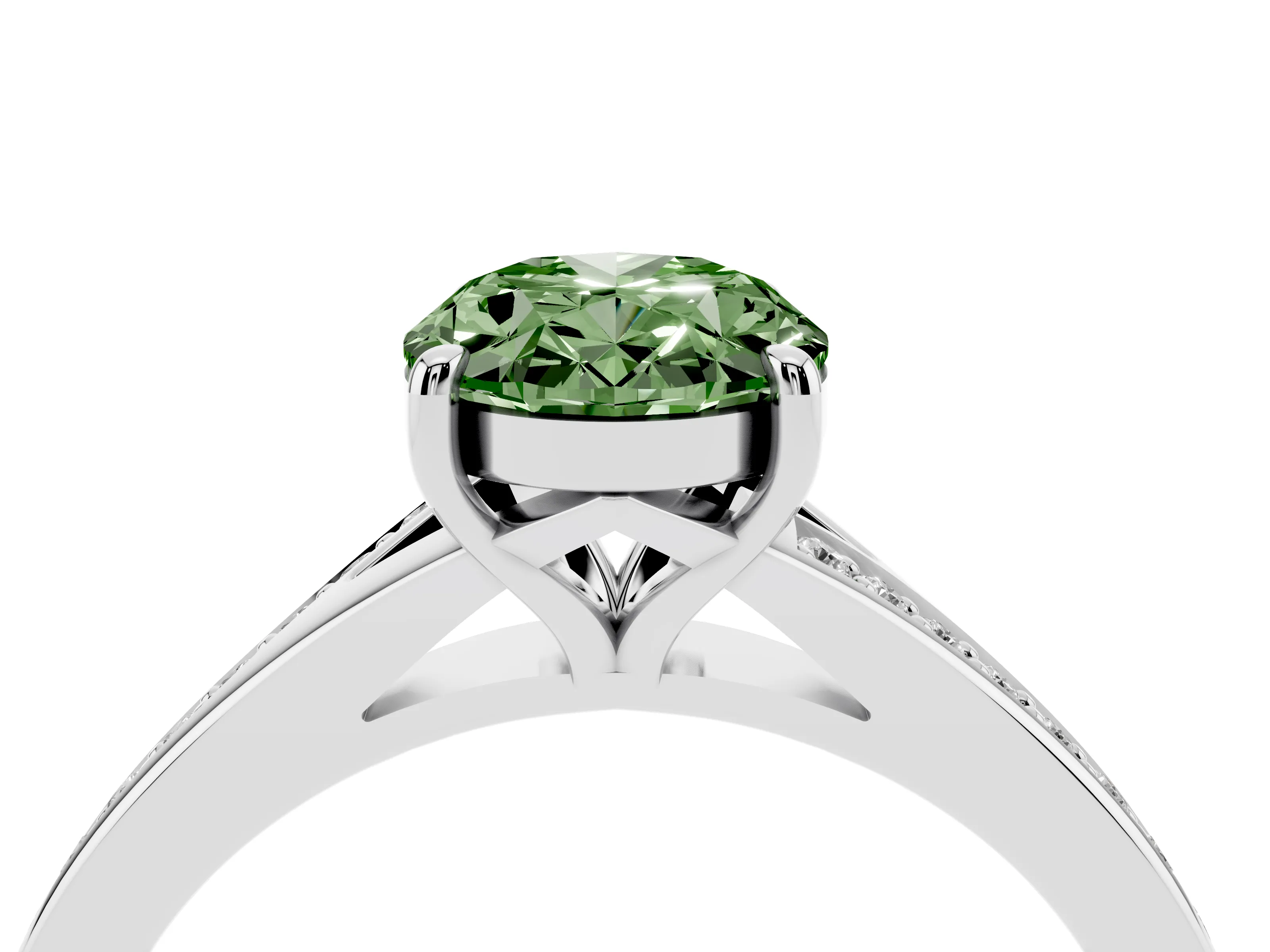 Fancy Green Oval Cut Diamond Solitaire Ring Set in White gold with Pavé Accent Band and Classic Prong Setting