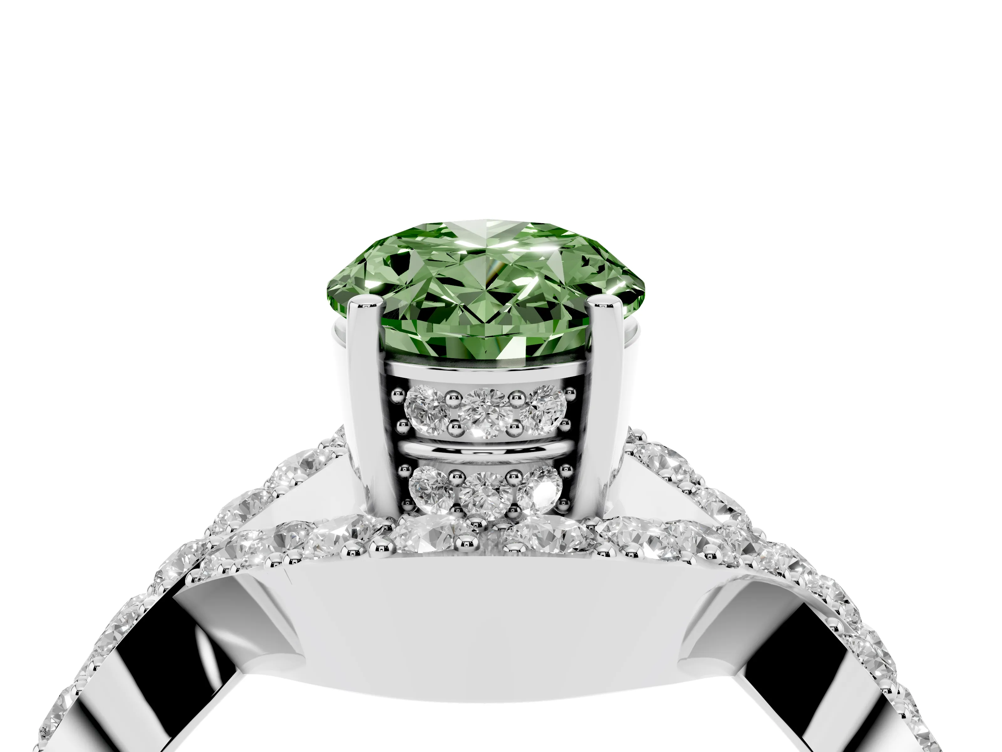 Fancy Green Oval Cut Diamond Solitaire Twist Band Pavé Engagement Ring Set in Silver
