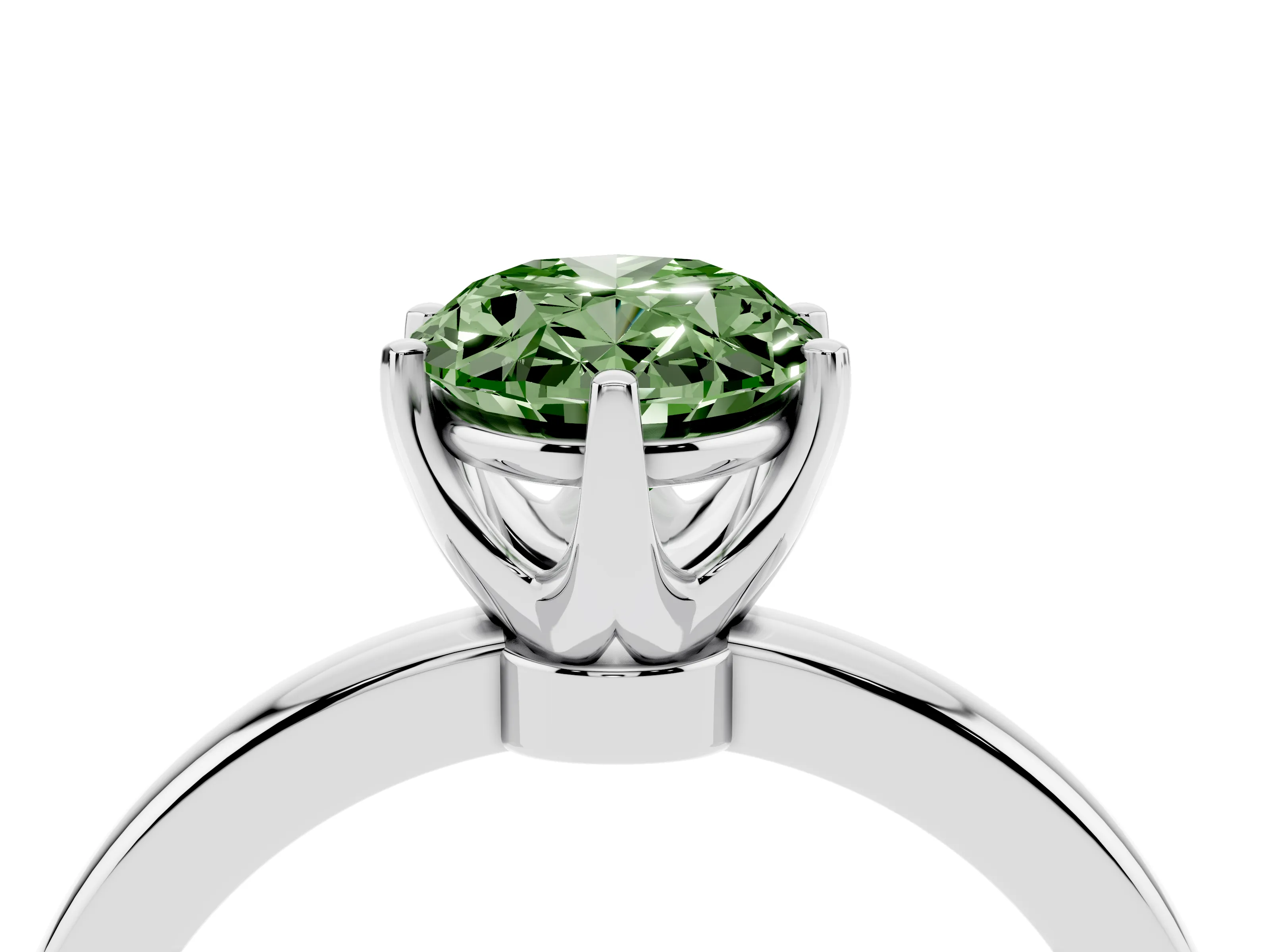 Fancy Green Oval Cut Diamond Solitaire Ring Set in White gold with Raised Prong Setting on a Classic Band